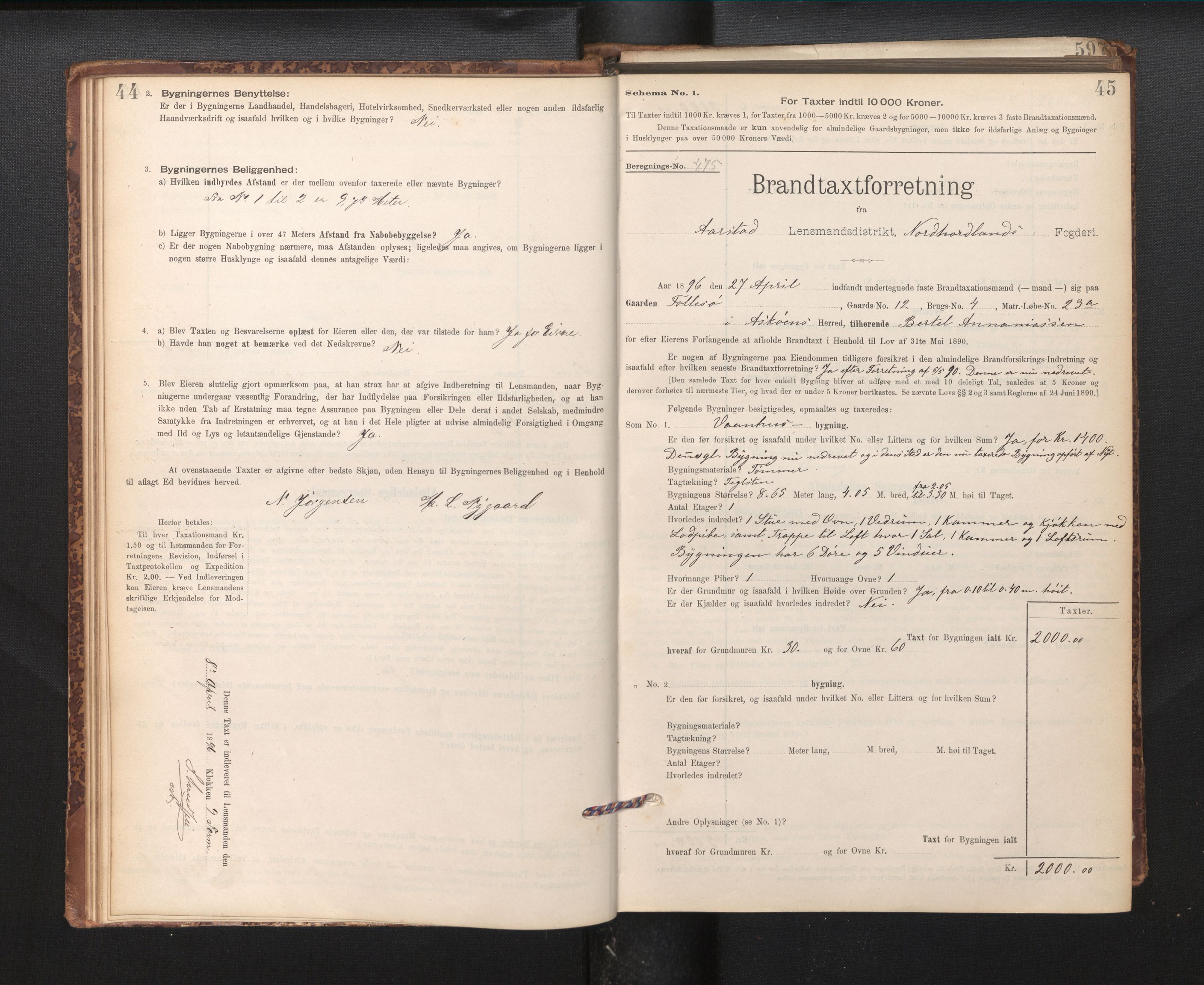 Lensmannen i Årstad, AV/SAB-A-36201/0012/L0011: Branntakstprotokoll,skjematakst, 1895-1901, p. 44-45