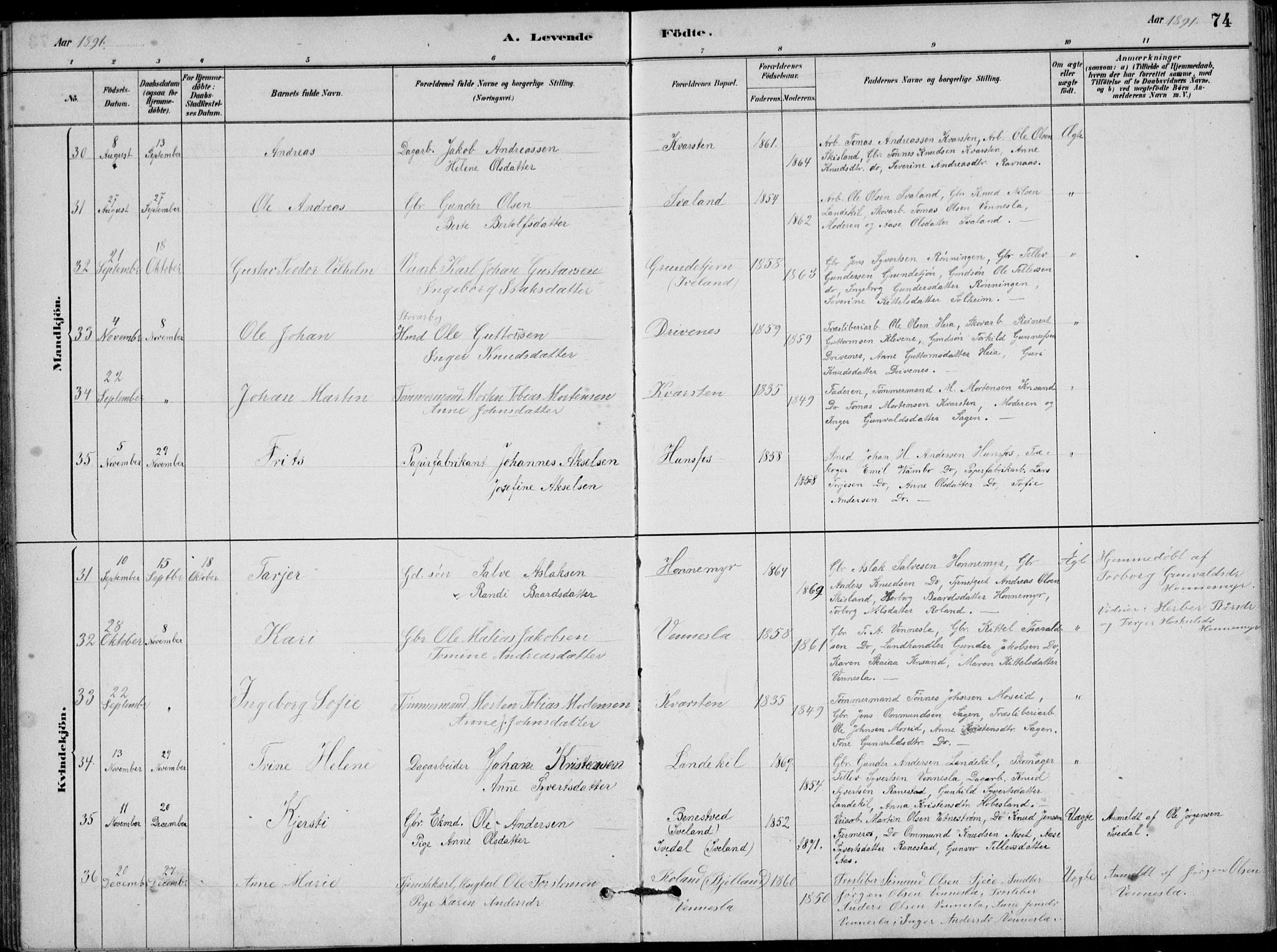 Vennesla sokneprestkontor, SAK/1111-0045/Fb/Fbb/L0003: Parish register (copy) no. B 3, 1879-1893, p. 74