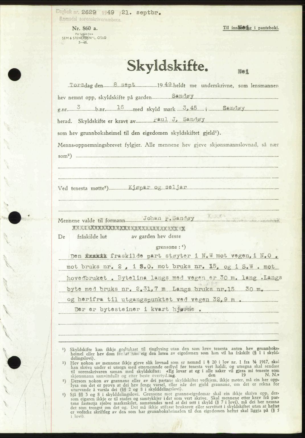 Romsdal sorenskriveri, AV/SAT-A-4149/1/2/2C: Mortgage book no. A31, 1949-1949, Diary no: : 2629/1949