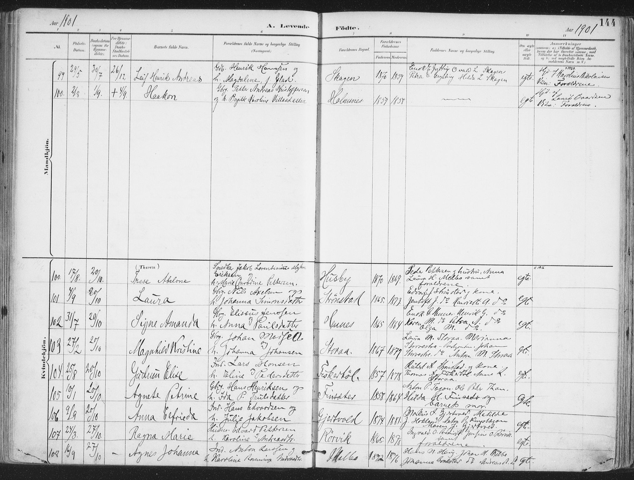 Ministerialprotokoller, klokkerbøker og fødselsregistre - Nordland, SAT/A-1459/888/L1246: Parish register (official) no. 888A12, 1891-1903, p. 144