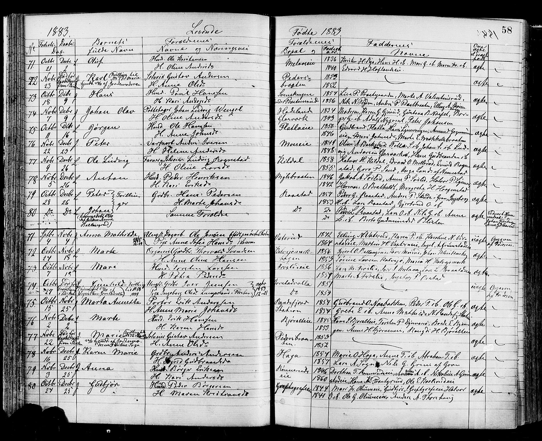 Jevnaker prestekontor, AV/SAH-PREST-116/H/Ha/Haa/L0008: Parish register (official) no. 8, 1877-1890, p. 58