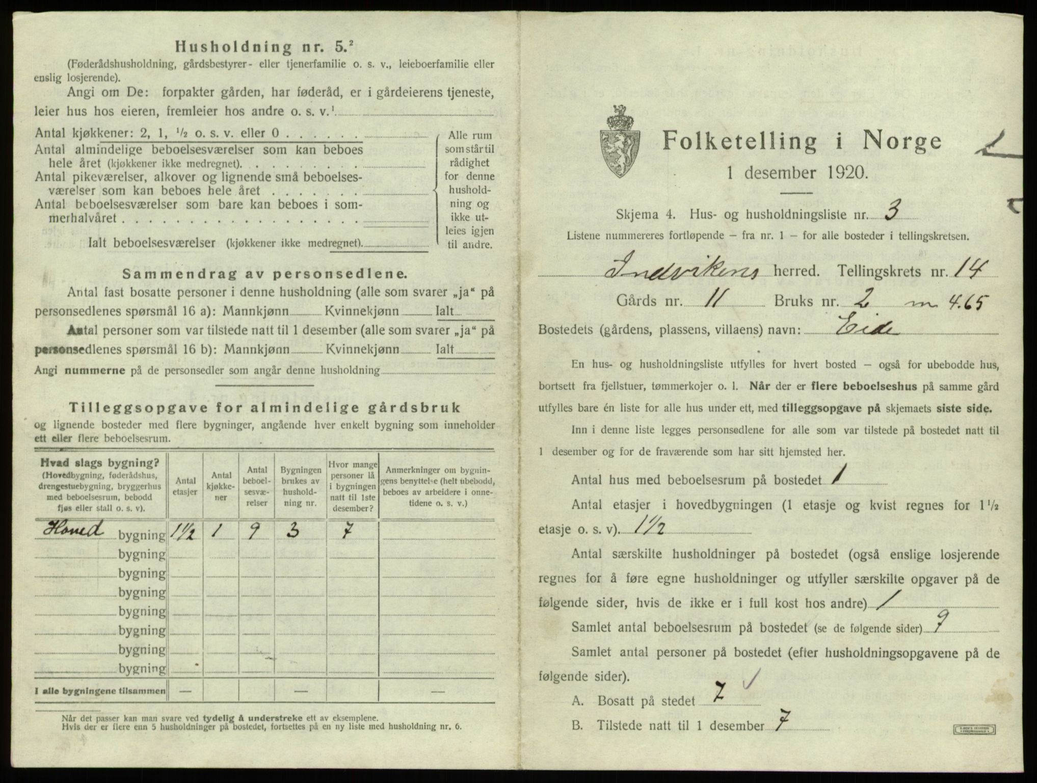 SAB, 1920 census for Innvik, 1920, p. 866