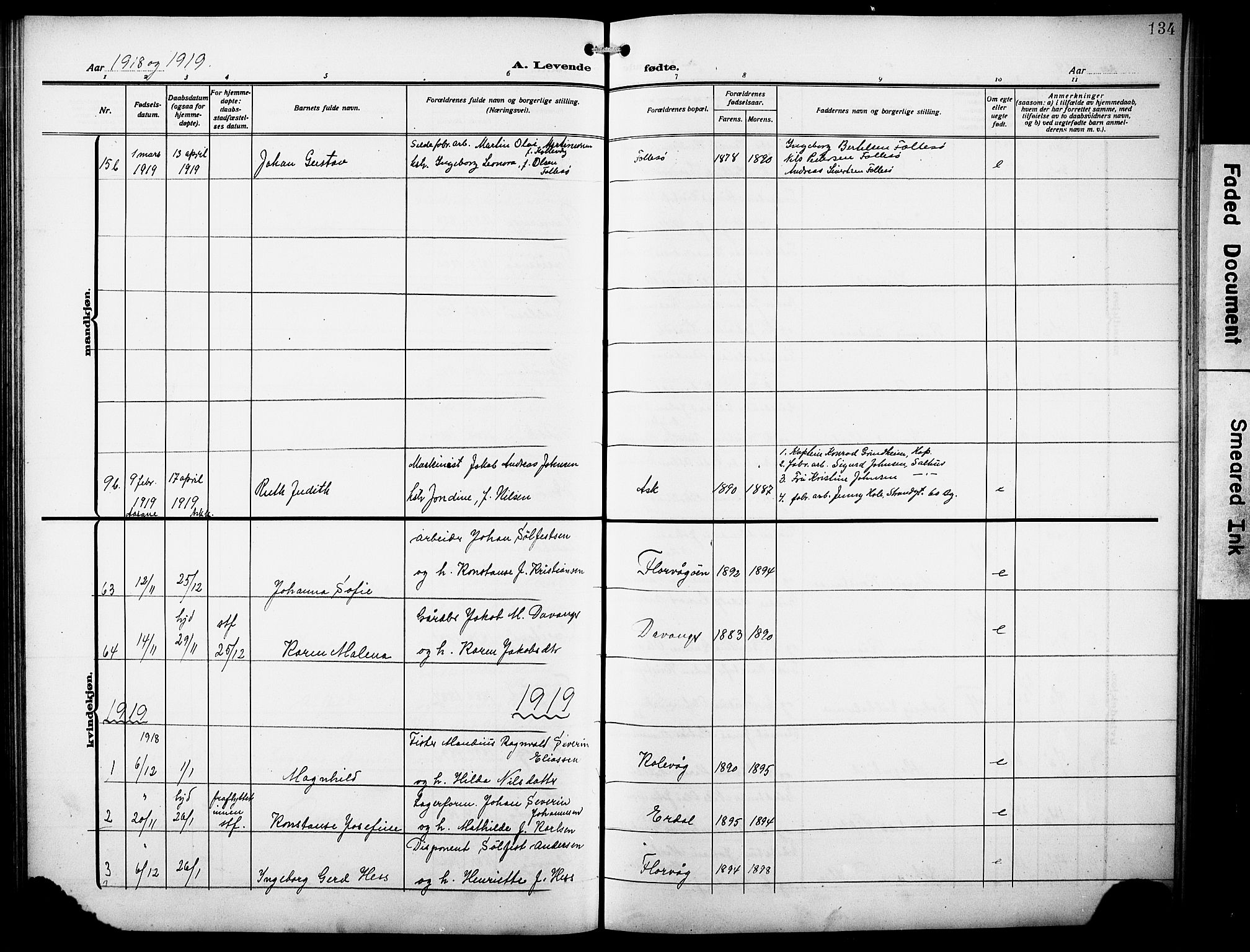 Askøy Sokneprestembete, AV/SAB-A-74101/H/Ha/Hab/Haba/L0011: Parish register (copy) no. A 11, 1908-1931, p. 134