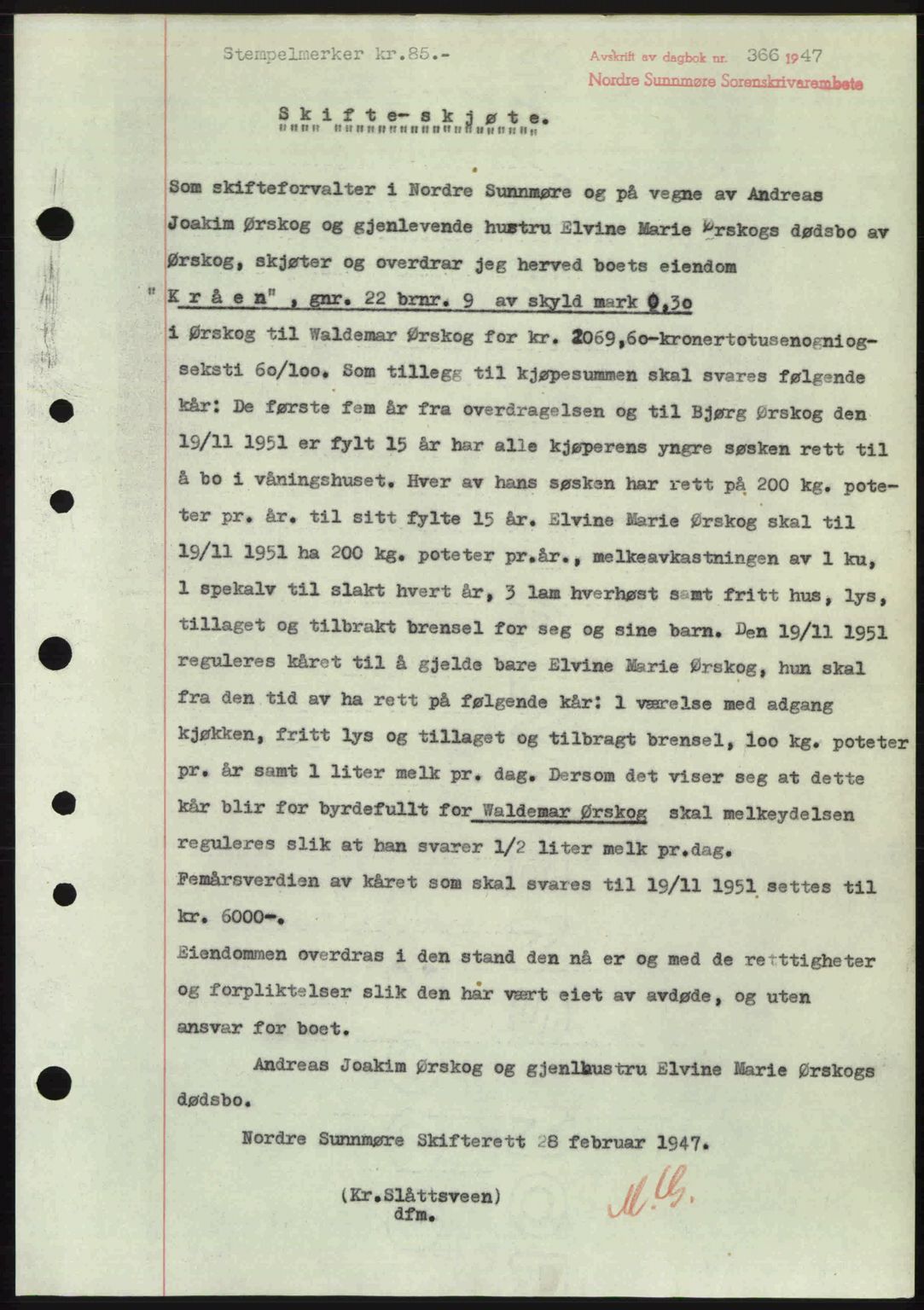 Nordre Sunnmøre sorenskriveri, AV/SAT-A-0006/1/2/2C/2Ca: Mortgage book no. A24, 1947-1947, Diary no: : 366/1947