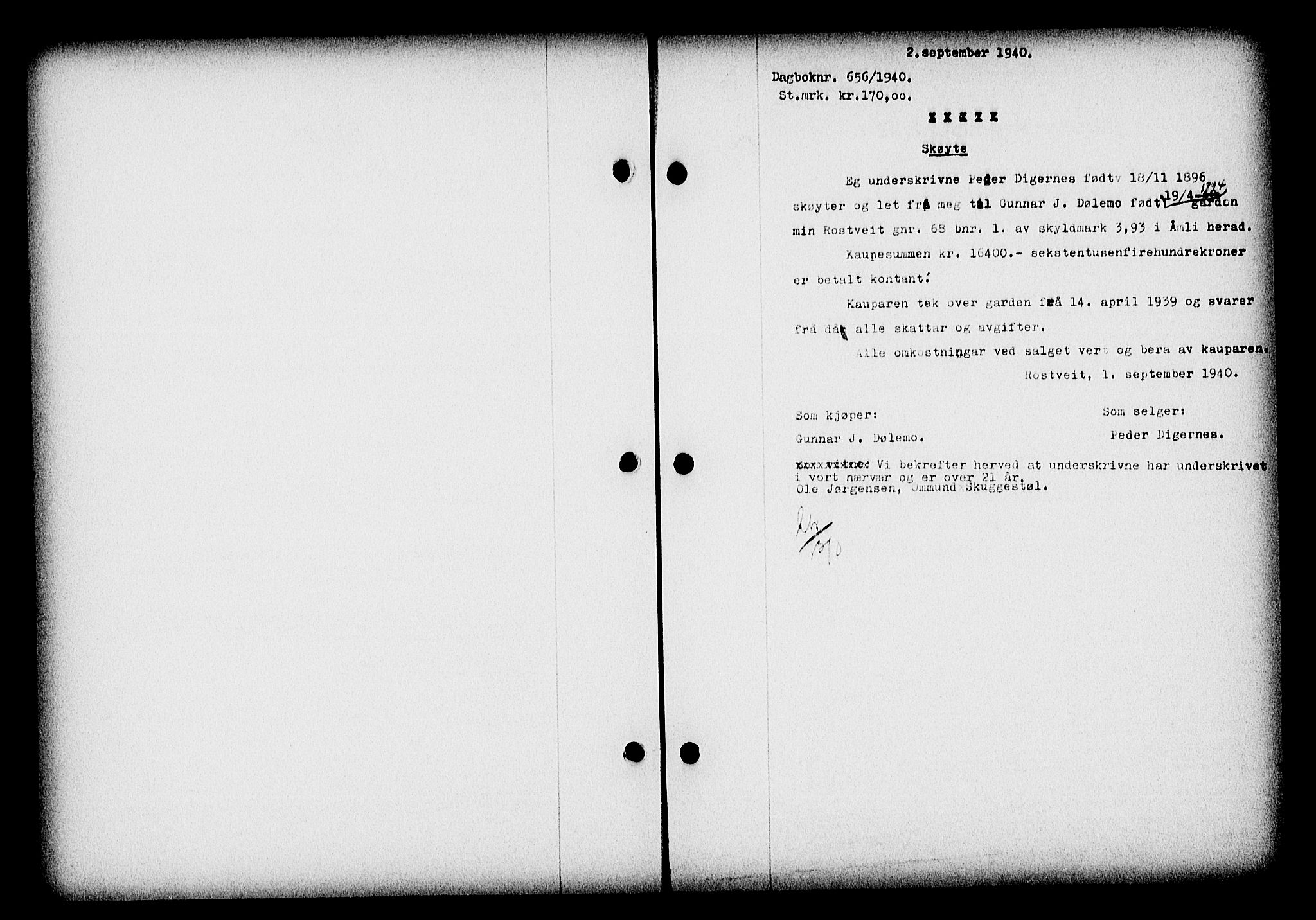 Nedenes sorenskriveri, SAK/1221-0006/G/Gb/Gba/L0047: Mortgage book no. A-I, 1939-1940, Diary no: : 656/1940