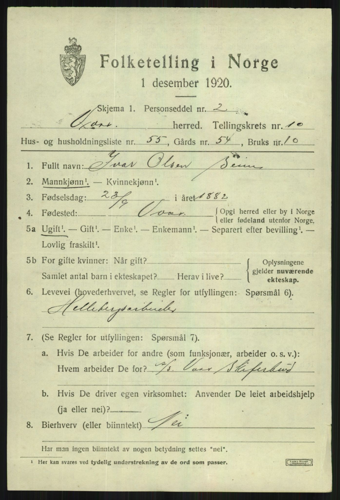 SAB, 1920 census for Voss, 1920, p. 10057