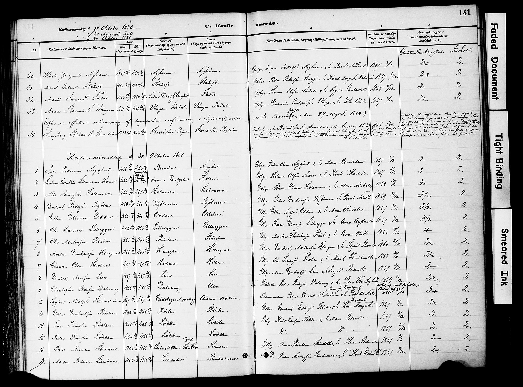 Tynset prestekontor, SAH/PREST-058/H/Ha/Haa/L0022: Parish register (official) no. 22, 1880-1899, p. 141
