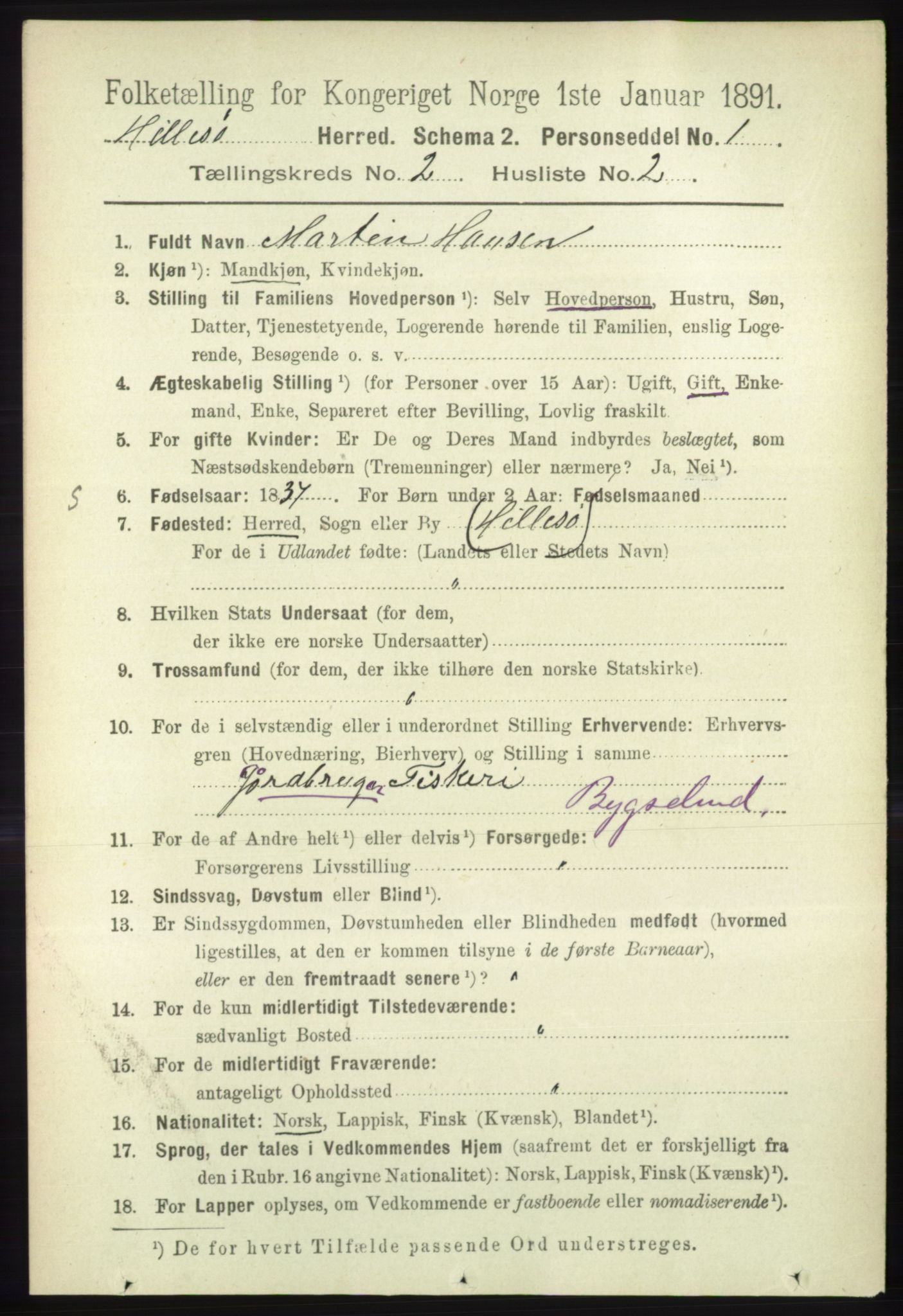 RA, 1891 census for 1930 Hillesøy, 1891, p. 640