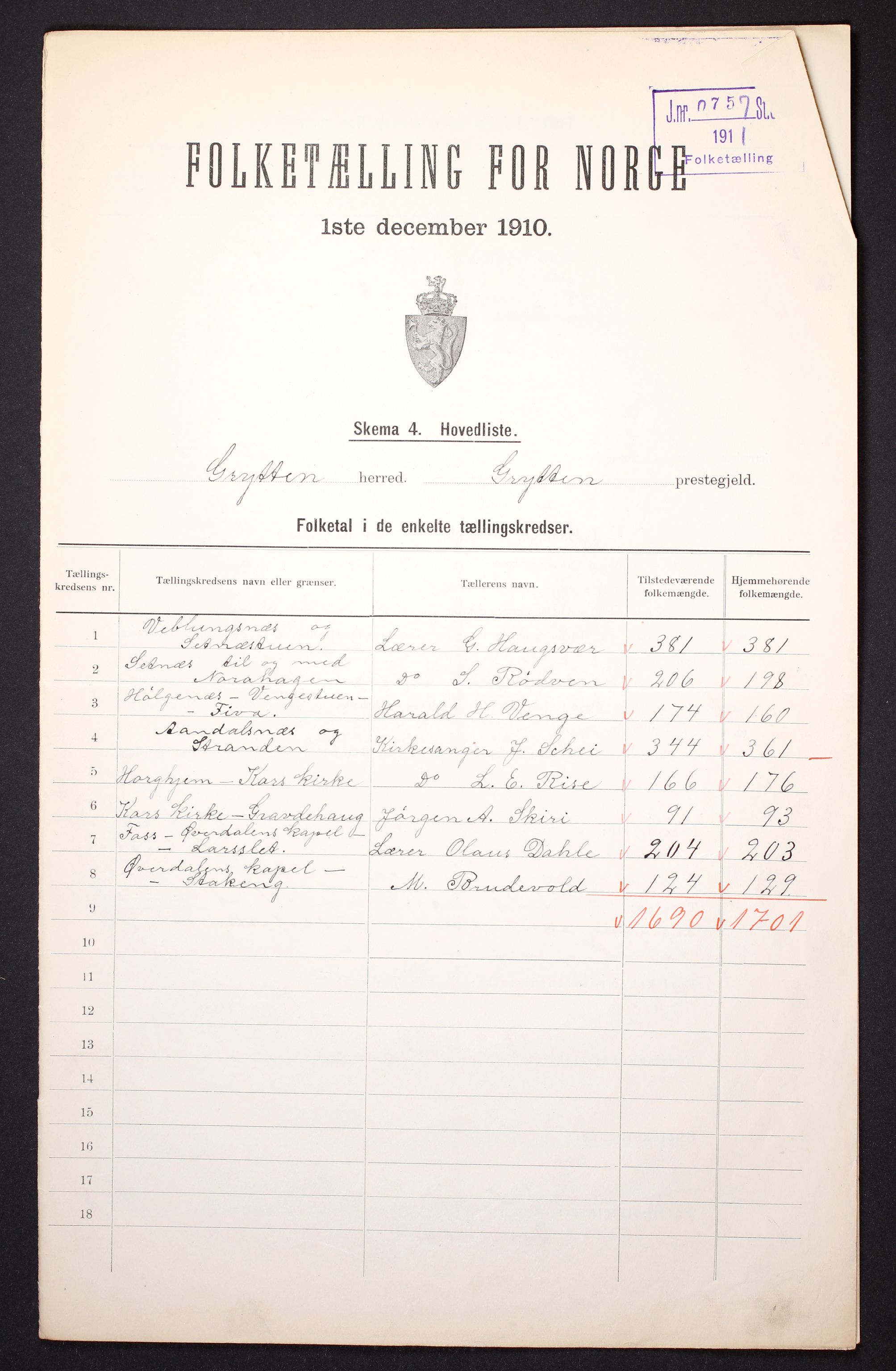 RA, 1910 census for Grytten, 1910, p. 2