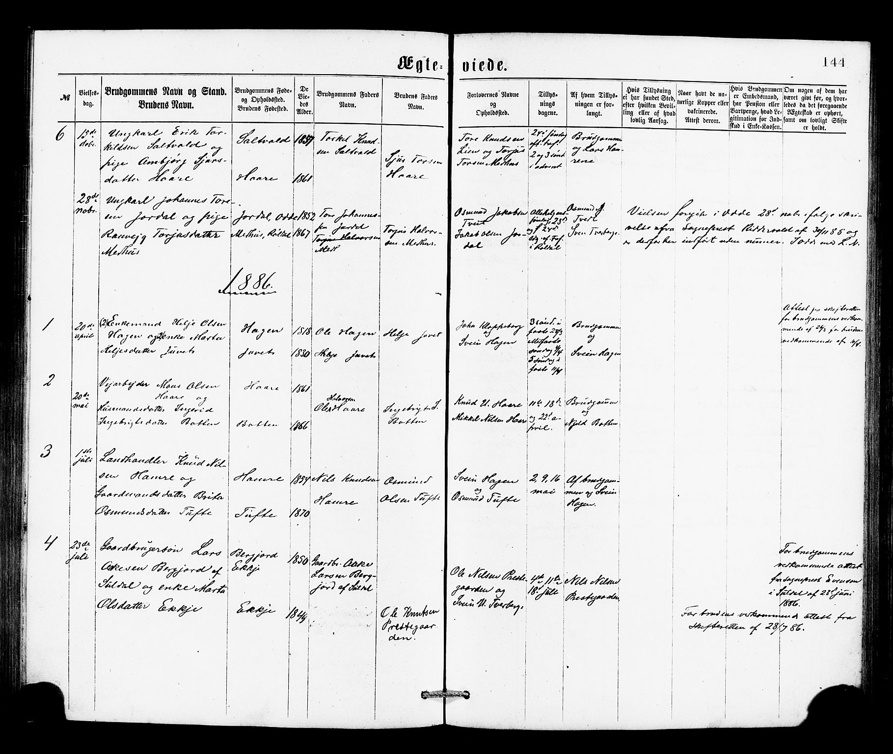 Røldal sokneprestembete, SAB/A-100247: Parish register (official) no. A 4, 1870-1886, p. 144