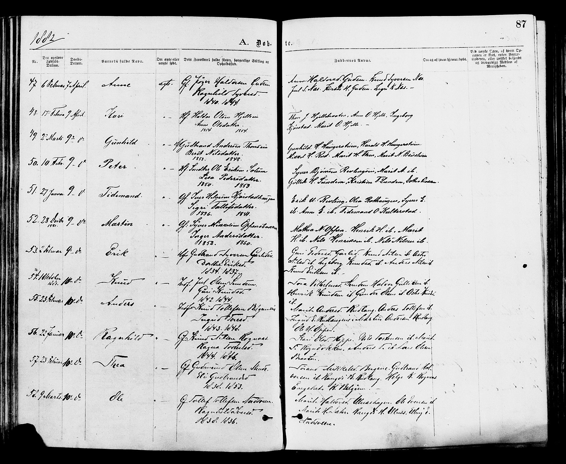 Nord-Aurdal prestekontor, SAH/PREST-132/H/Ha/Haa/L0009: Parish register (official) no. 9, 1876-1882, p. 87