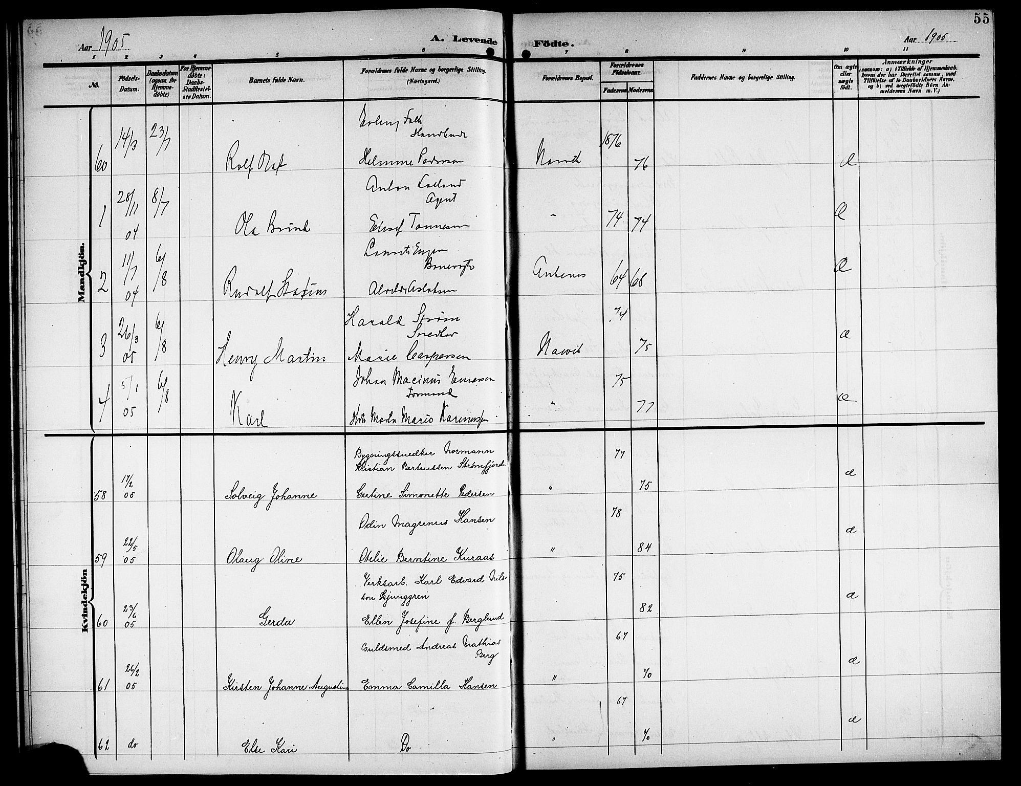 Ministerialprotokoller, klokkerbøker og fødselsregistre - Nordland, AV/SAT-A-1459/871/L1012: Parish register (copy) no. 871C01, 1902-1909, p. 55