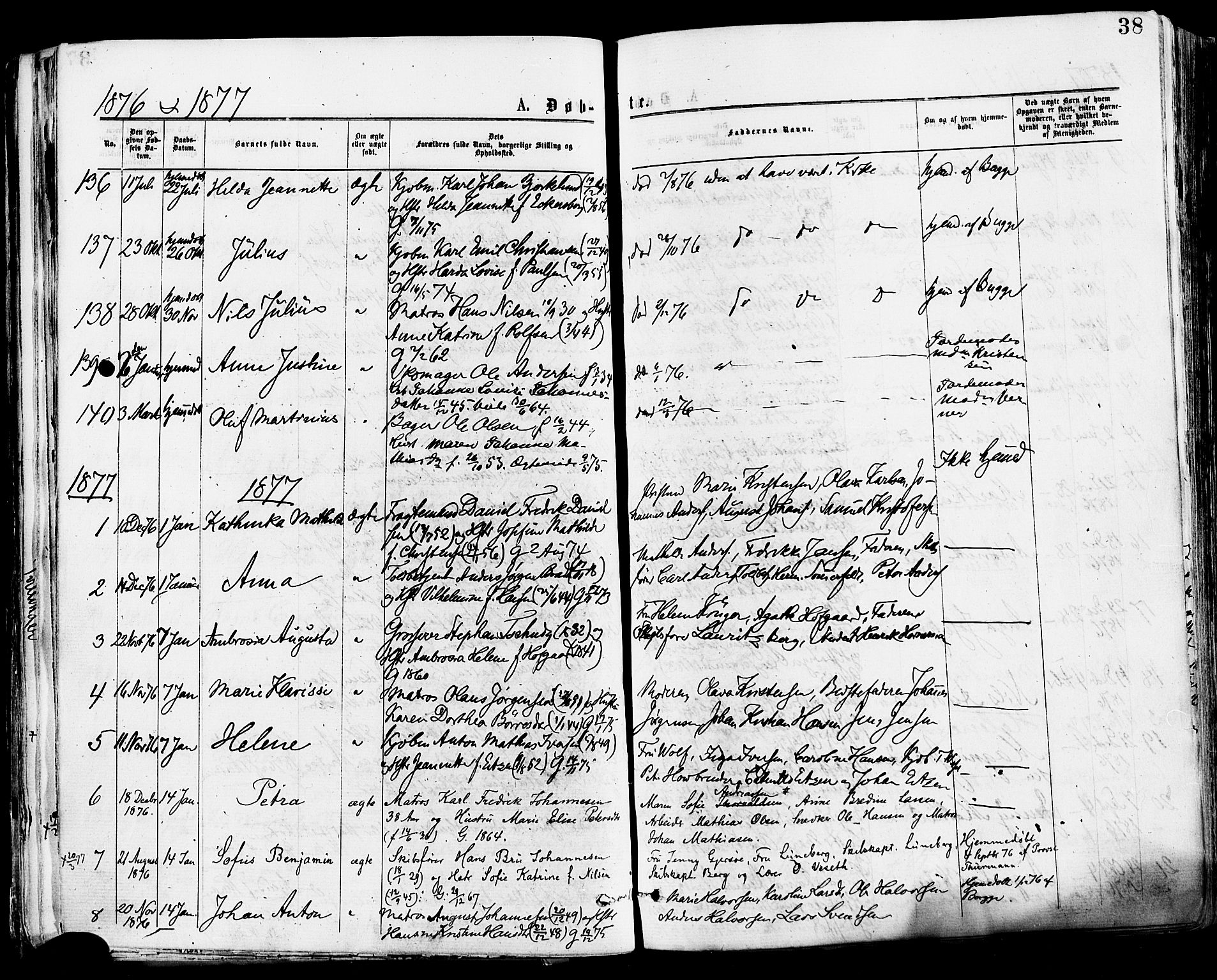 Tønsberg kirkebøker, AV/SAKO-A-330/F/Fa/L0010: Parish register (official) no. I 10, 1874-1880, p. 38