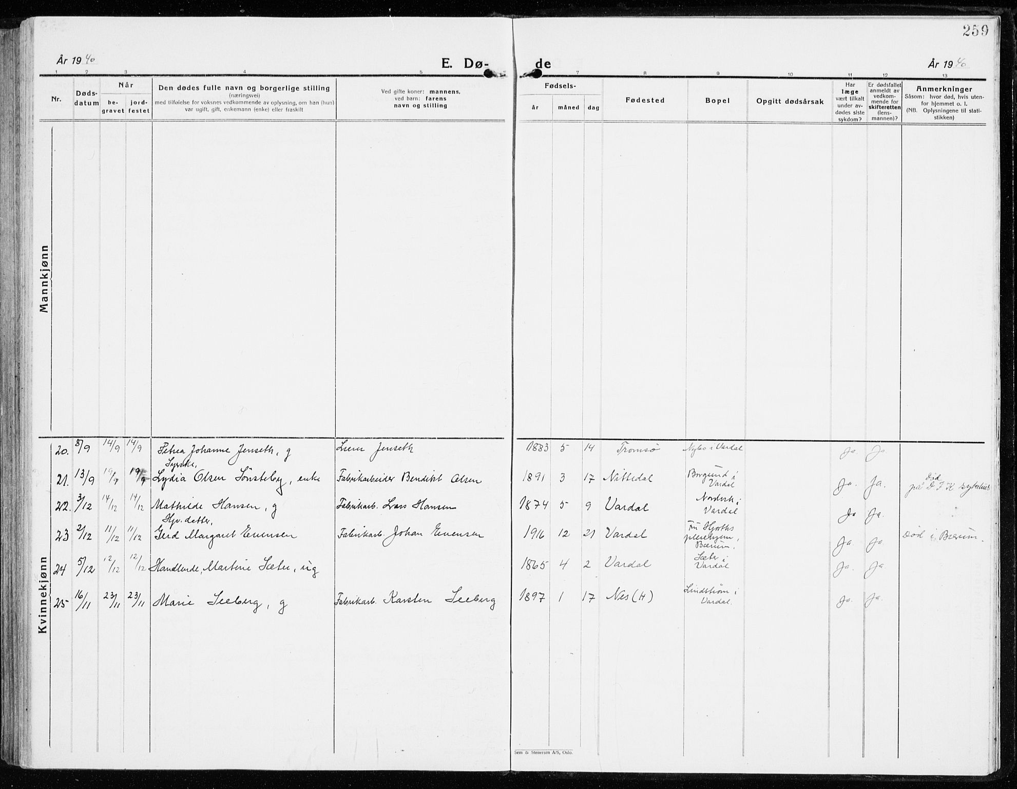 Vardal prestekontor, SAH/PREST-100/H/Ha/Haa/L0018: Parish register (official) no. 18, 1930-1945, p. 259