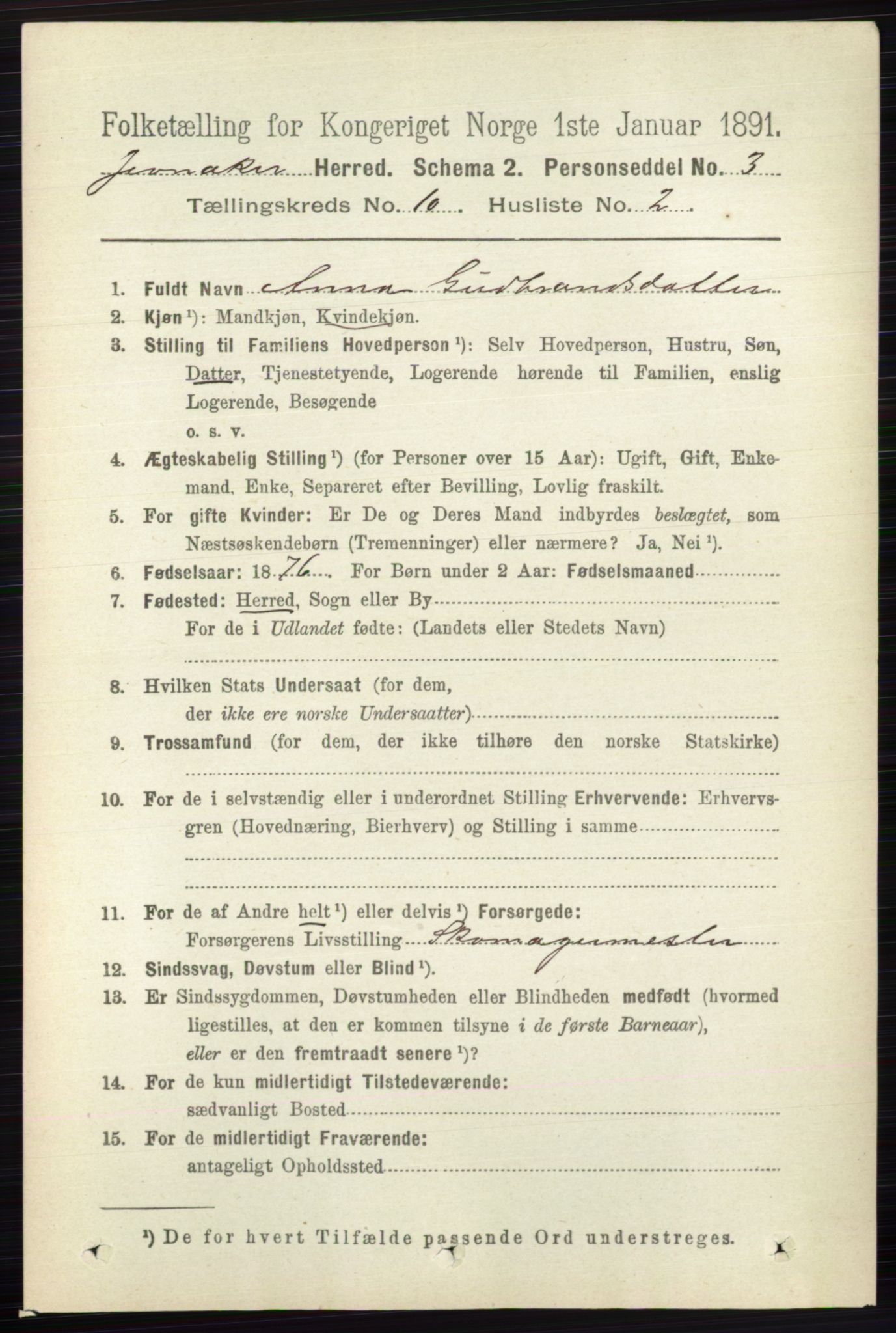 RA, 1891 census for 0532 Jevnaker, 1891, p. 5525