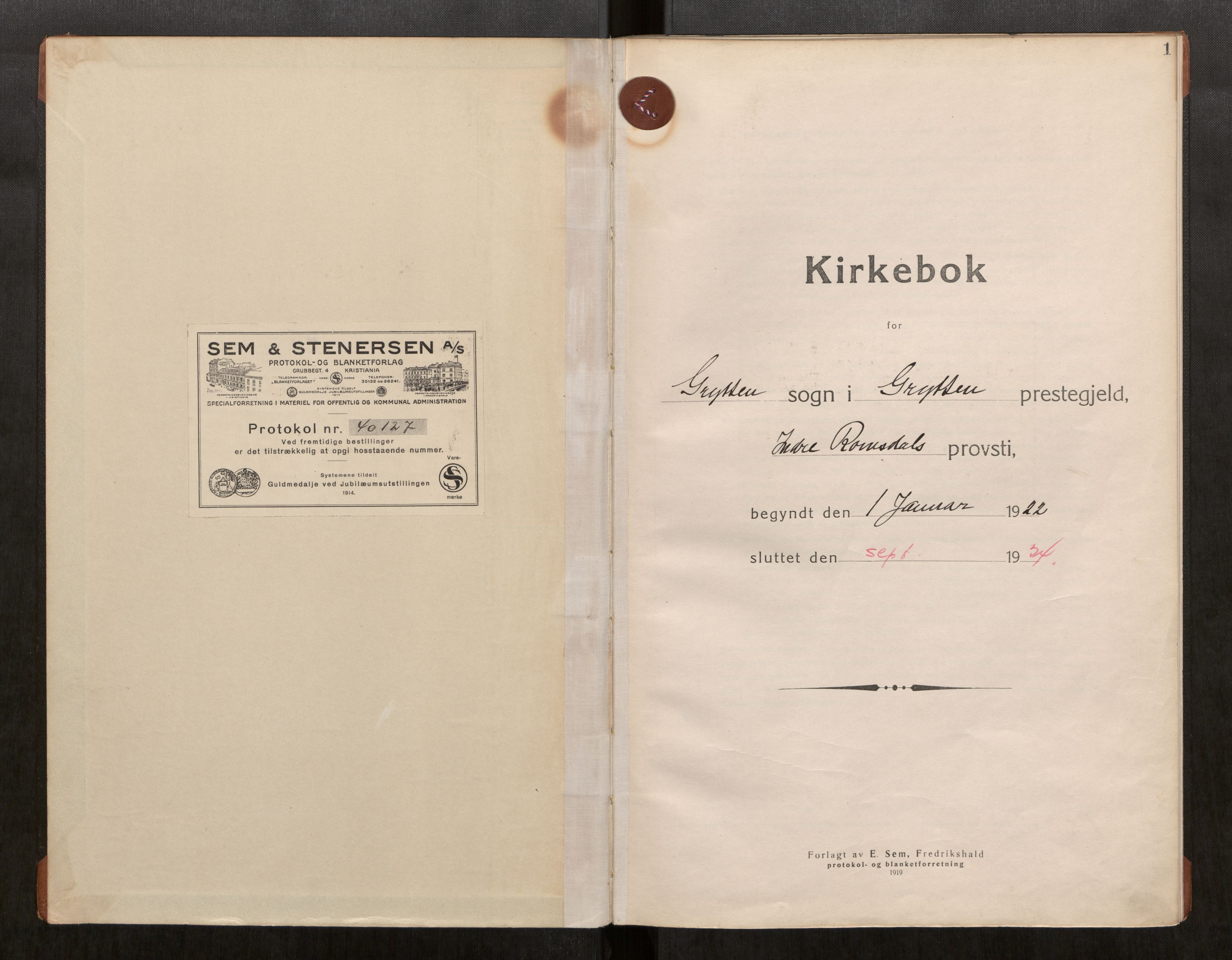 Ministerialprotokoller, klokkerbøker og fødselsregistre - Møre og Romsdal, SAT/A-1454/544/L0586: Parish register (official) no. 544A12, 1922-1934, p. 1