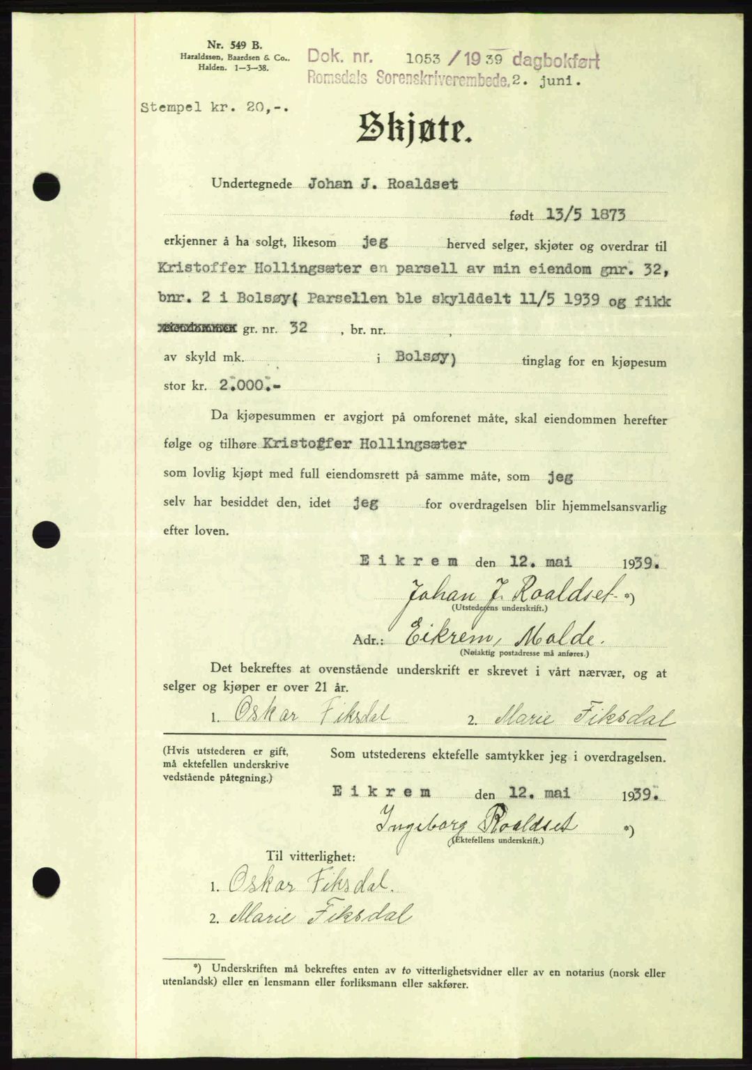 Romsdal sorenskriveri, AV/SAT-A-4149/1/2/2C: Mortgage book no. A7, 1939-1939, Diary no: : 1053/1939