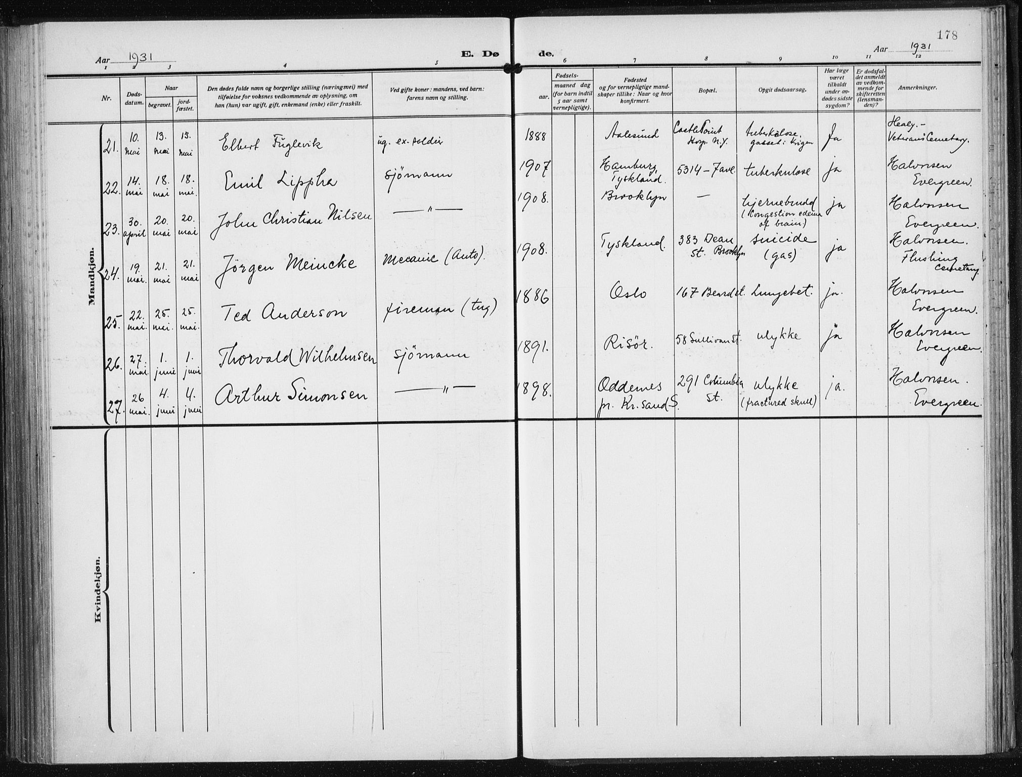 Den norske sjømannsmisjon i utlandet/New York, AV/SAB-SAB/PA-0110/H/Ha/L0008: Parish register (official) no. A 8, 1923-1935, p. 178