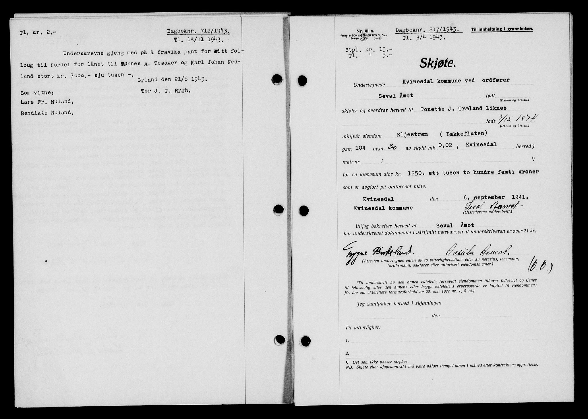 Flekkefjord sorenskriveri, SAK/1221-0001/G/Gb/Gba/L0058: Mortgage book no. A-6, 1942-1944, Diary no: : 217/1943