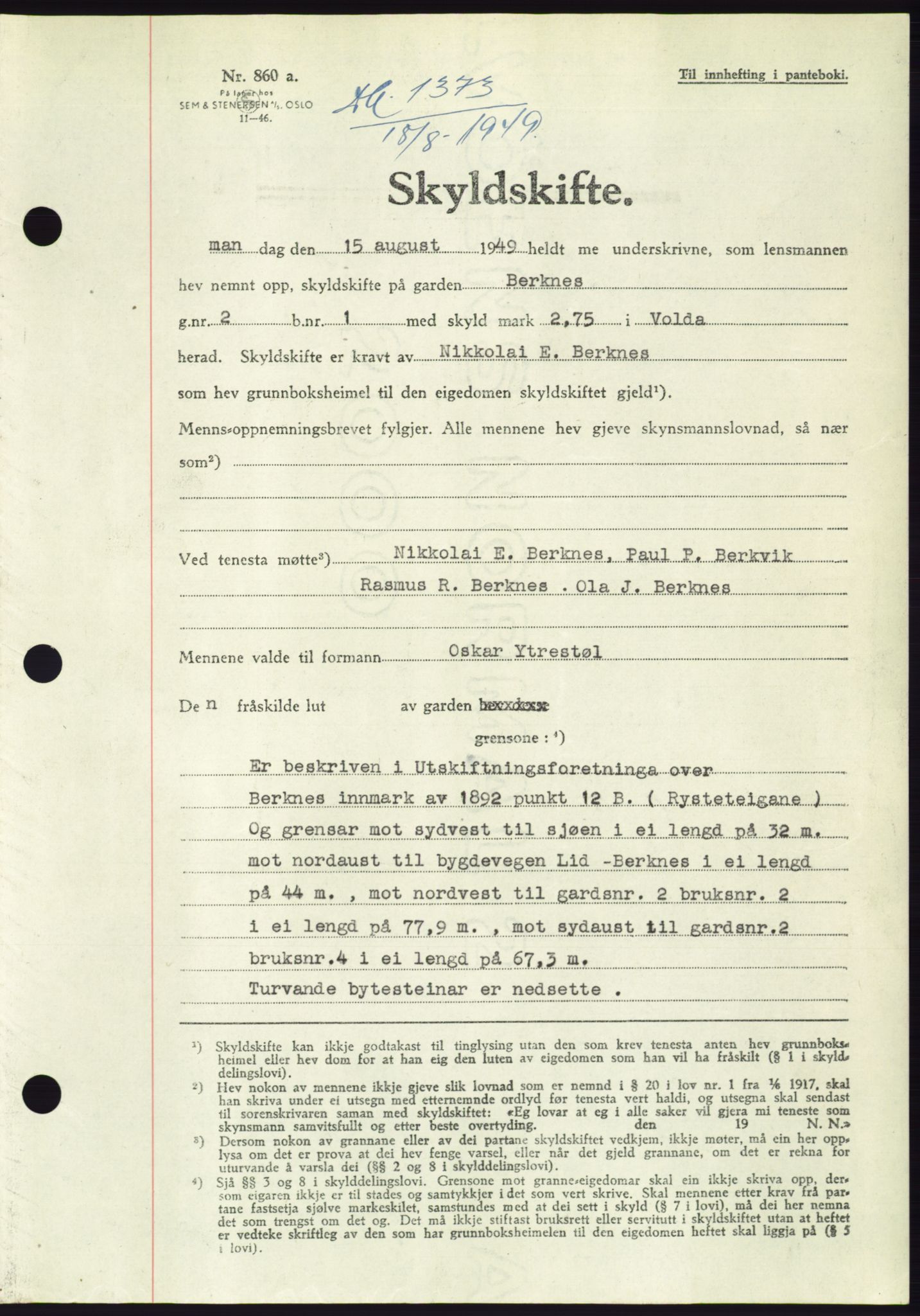 Søre Sunnmøre sorenskriveri, AV/SAT-A-4122/1/2/2C/L0085: Mortgage book no. 11A, 1949-1949, Diary no: : 1373/1949