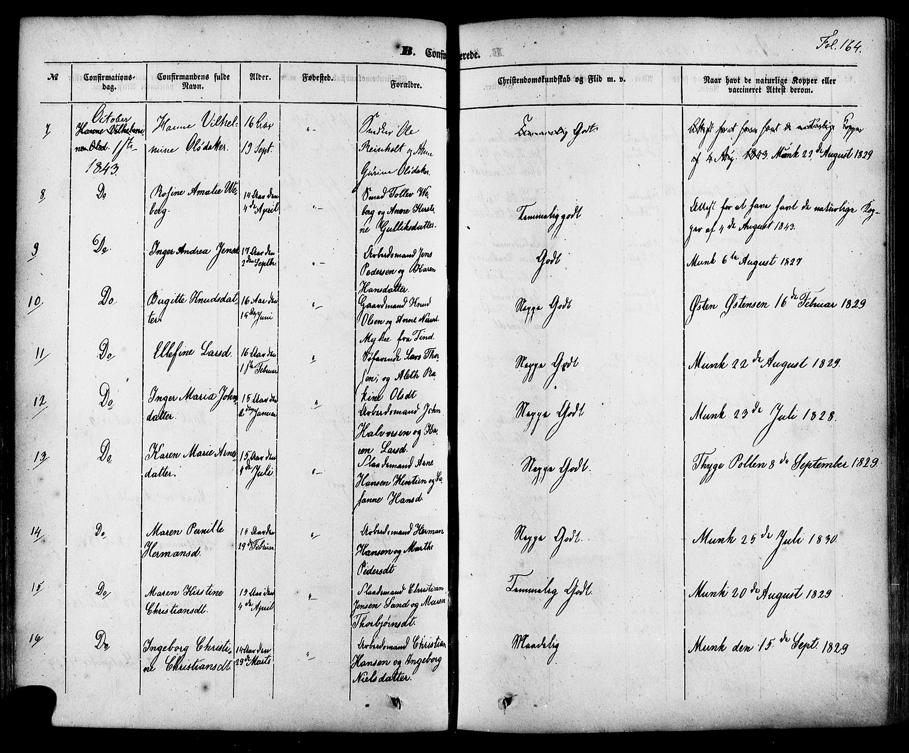 Skien kirkebøker, SAKO/A-302/F/Fa/L0006a: Parish register (official) no. 6A, 1843-1856, p. 164