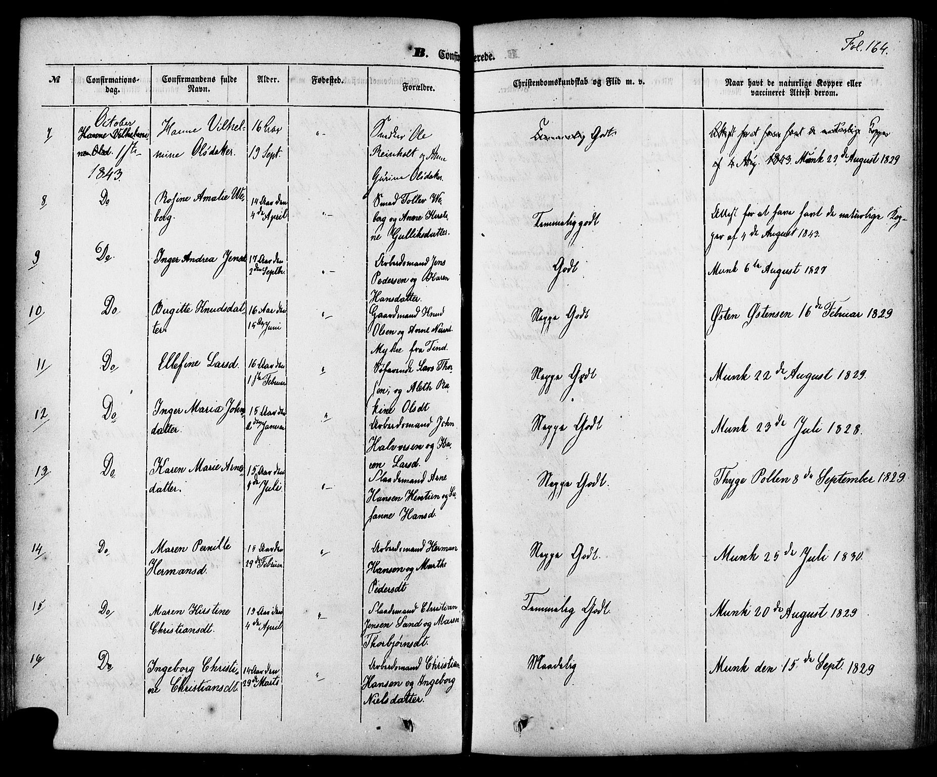 Skien kirkebøker, AV/SAKO-A-302/F/Fa/L0006a: Parish register (official) no. 6A, 1843-1856, p. 164