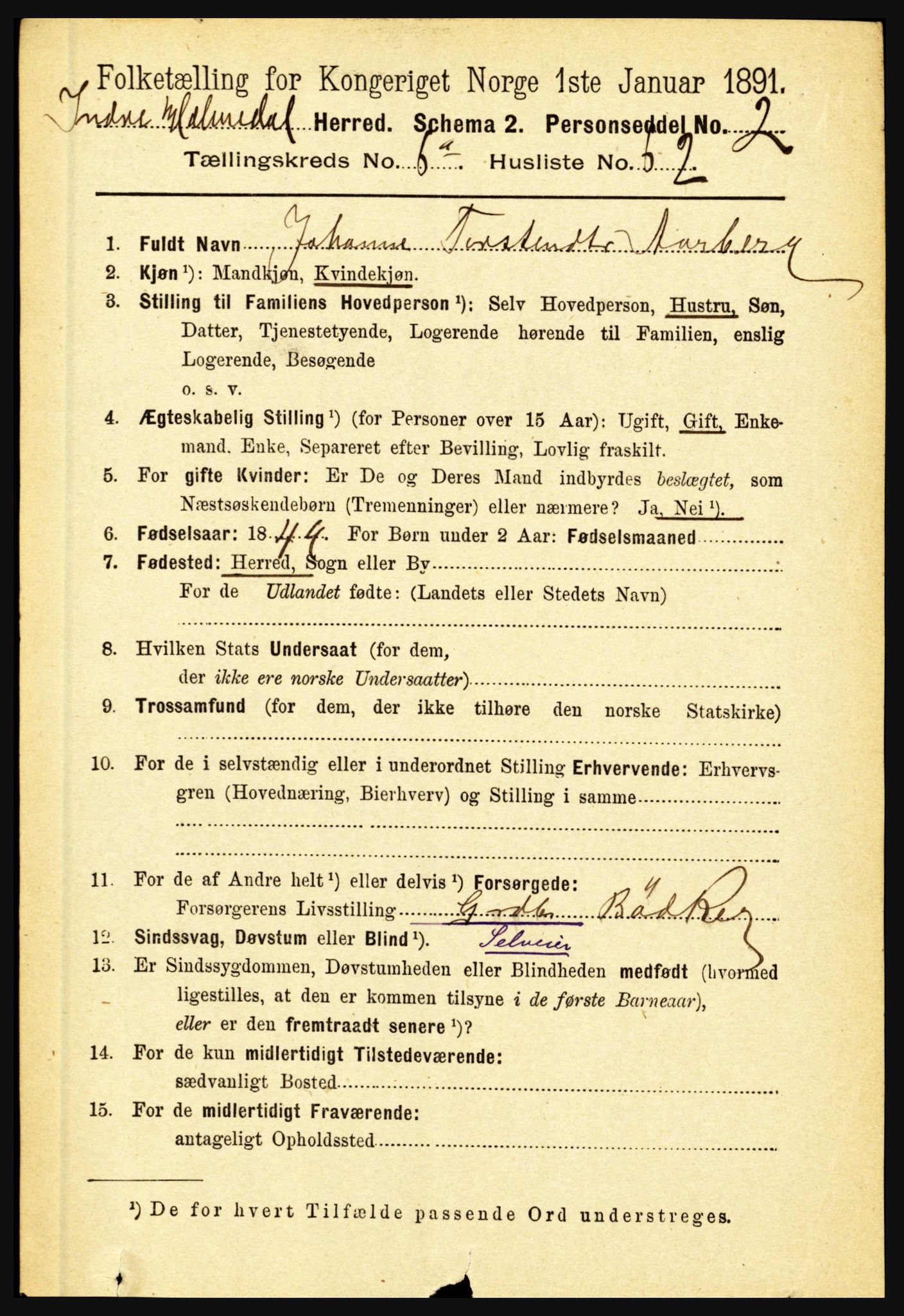 RA, 1891 census for 1430 Indre Holmedal, 1891, p. 2856