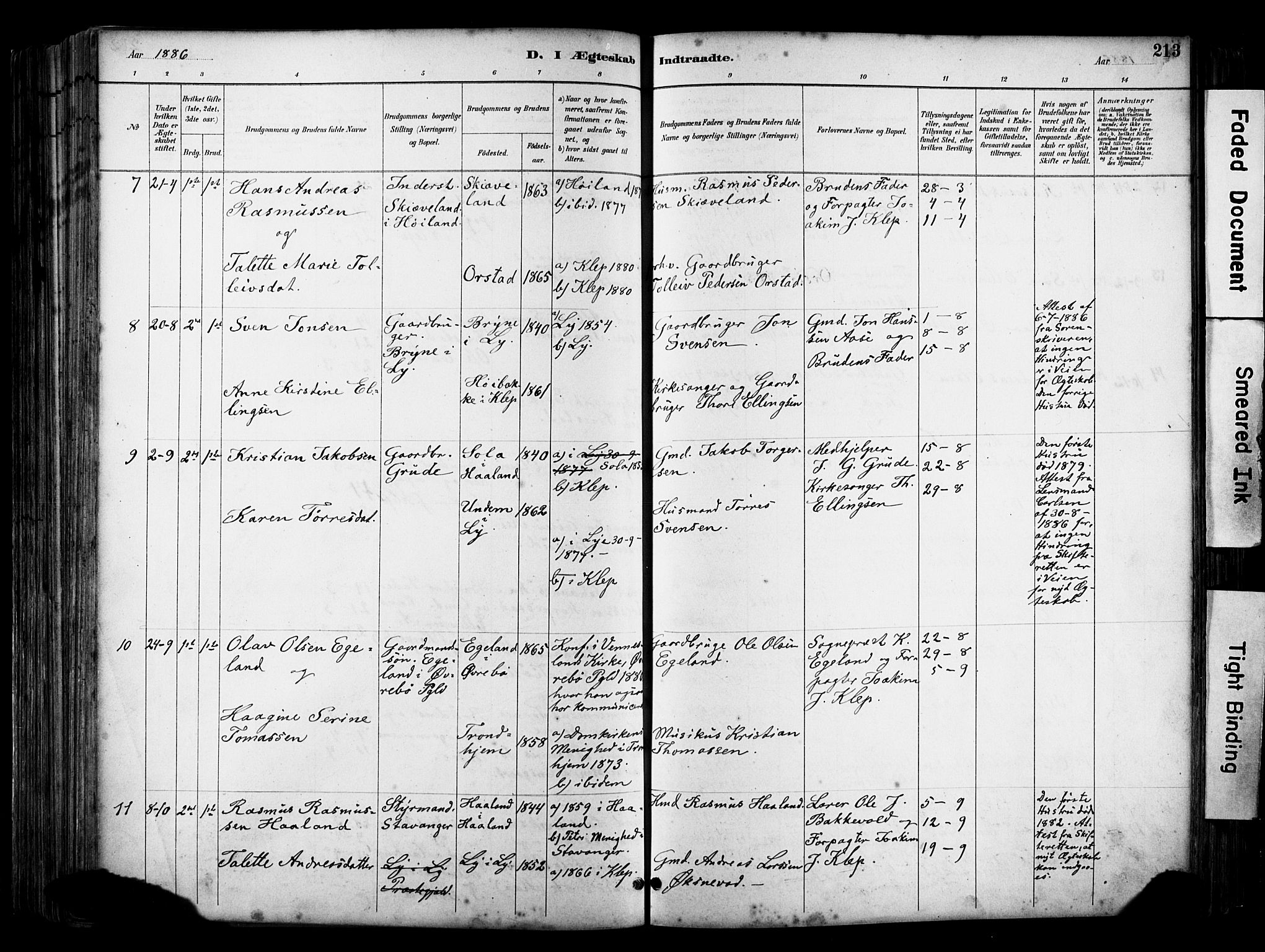 Klepp sokneprestkontor, AV/SAST-A-101803/001/3/30BA/L0009: Parish register (official) no. A 7, 1886-1915, p. 213