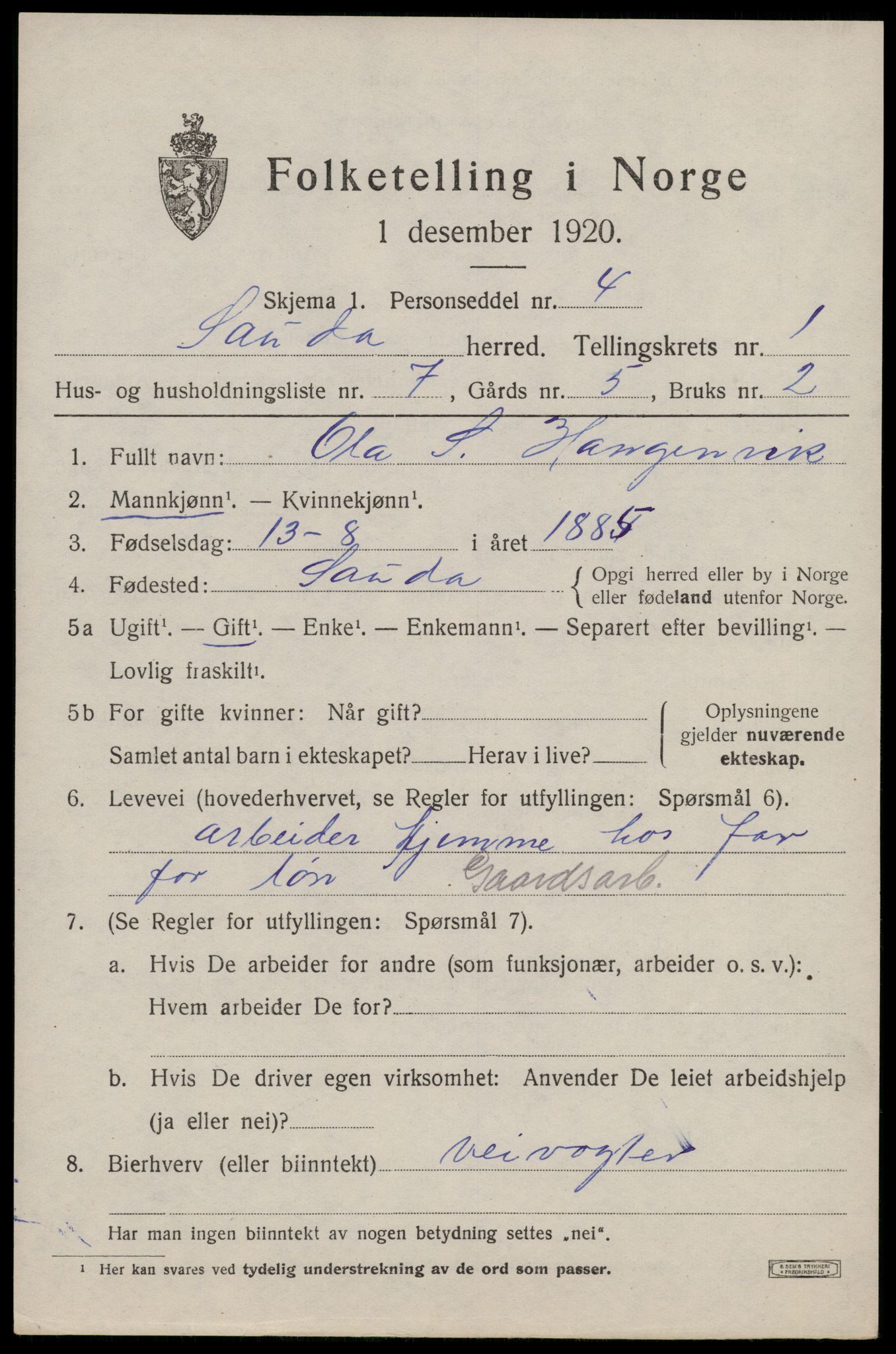 SAST, 1920 census for Sauda, 1920, p. 924