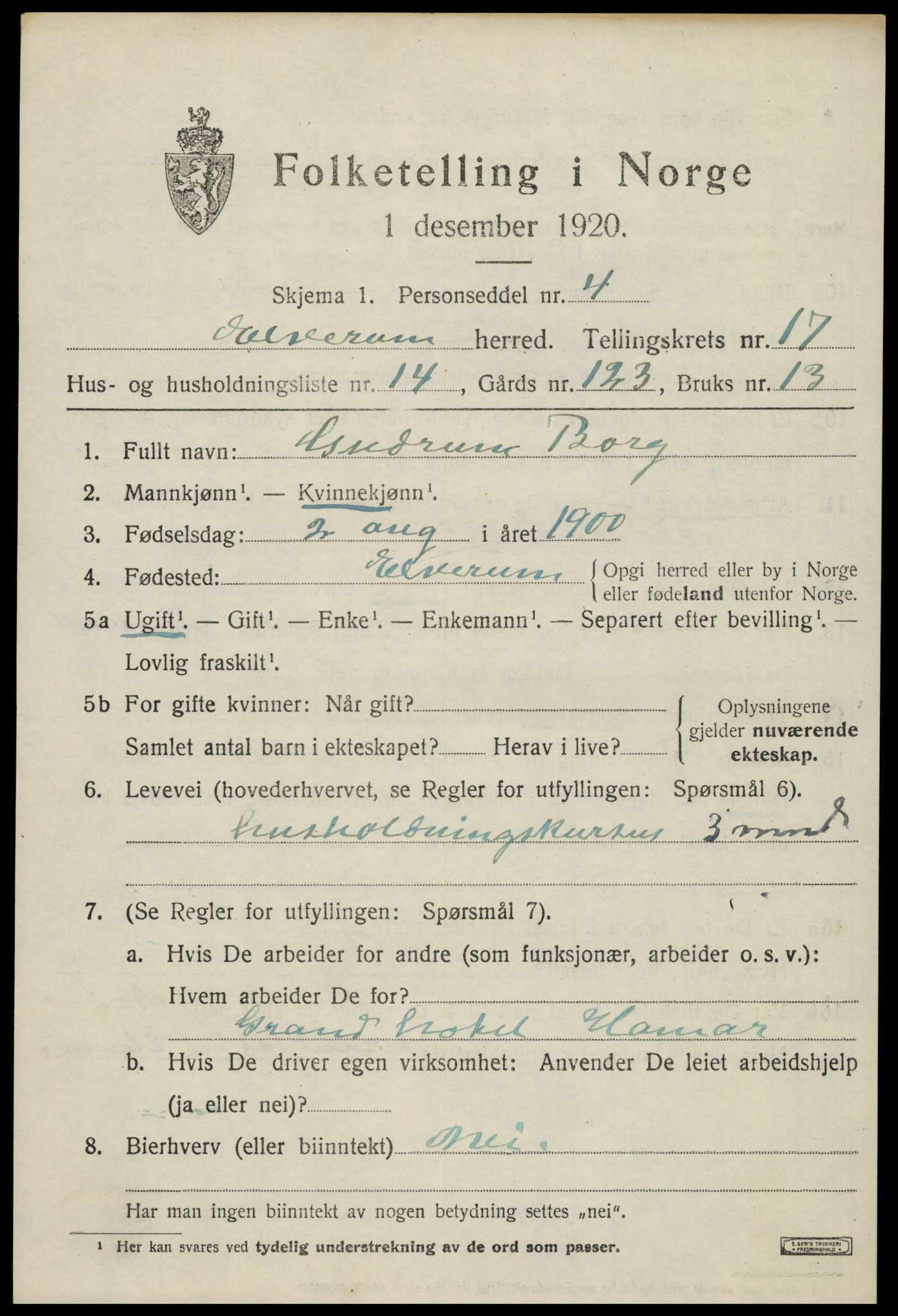 SAH, 1920 census for Elverum, 1920, p. 21438