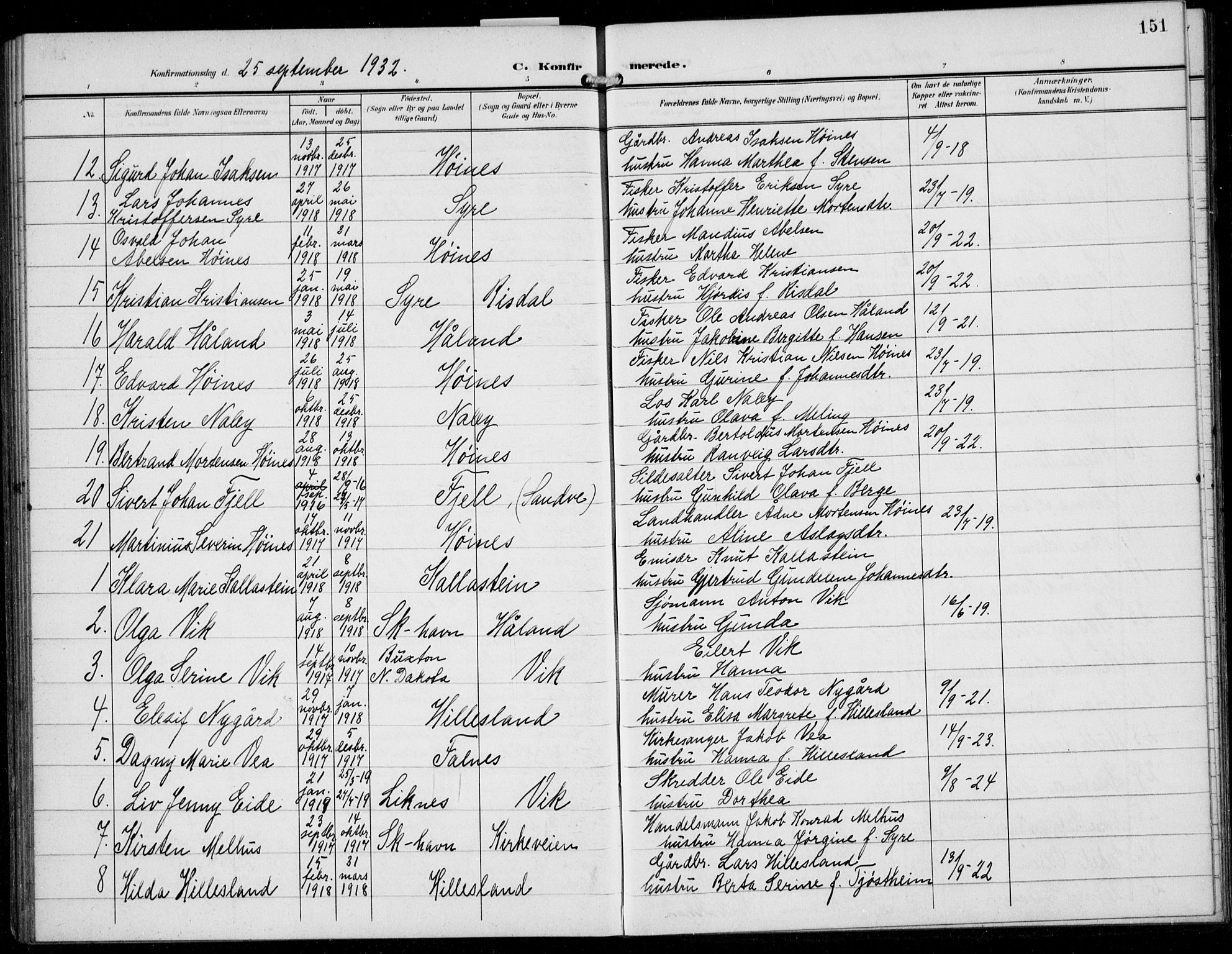 Skudenes sokneprestkontor, SAST/A -101849/H/Ha/Hab/L0009: Parish register (copy) no. B 9, 1908-1936, p. 151