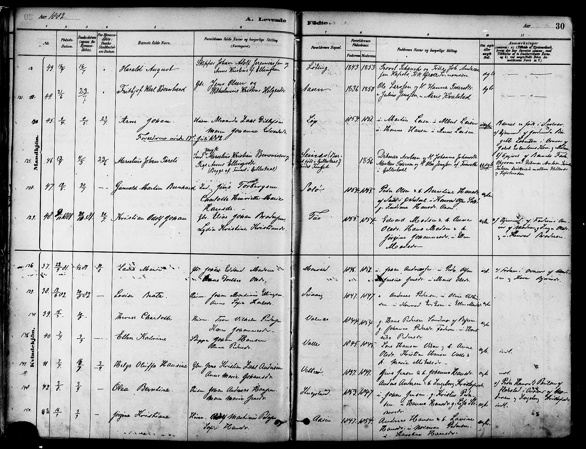 Ministerialprotokoller, klokkerbøker og fødselsregistre - Nordland, AV/SAT-A-1459/802/L0054: Parish register (official) no. 802A01, 1879-1893, p. 30