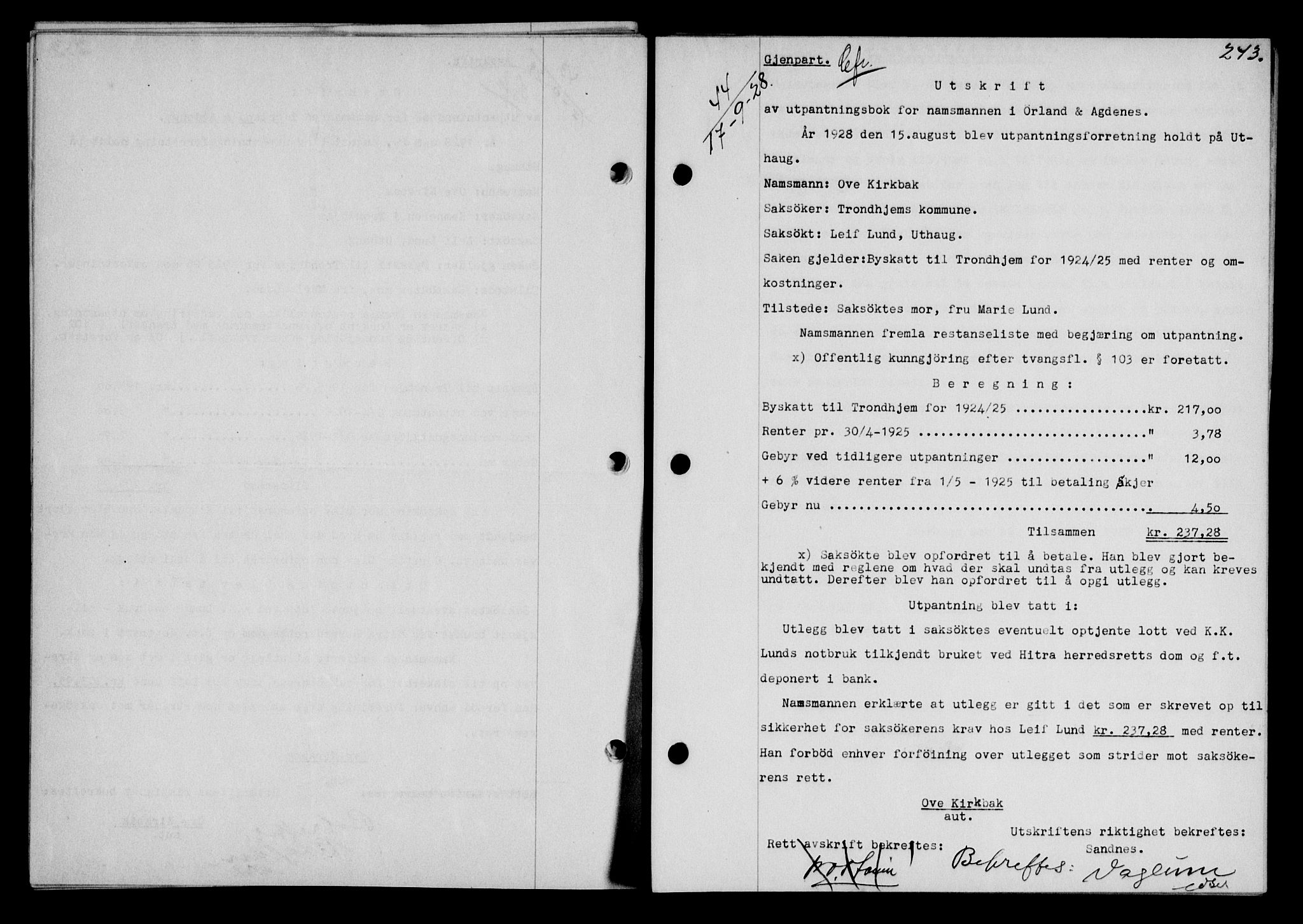 Fosen sorenskriveri, SAT/A-1107/1/2/2C/L0067: Mortgage book no. 58, 1928-1929, p. 243, Deed date: 17.09.1928
