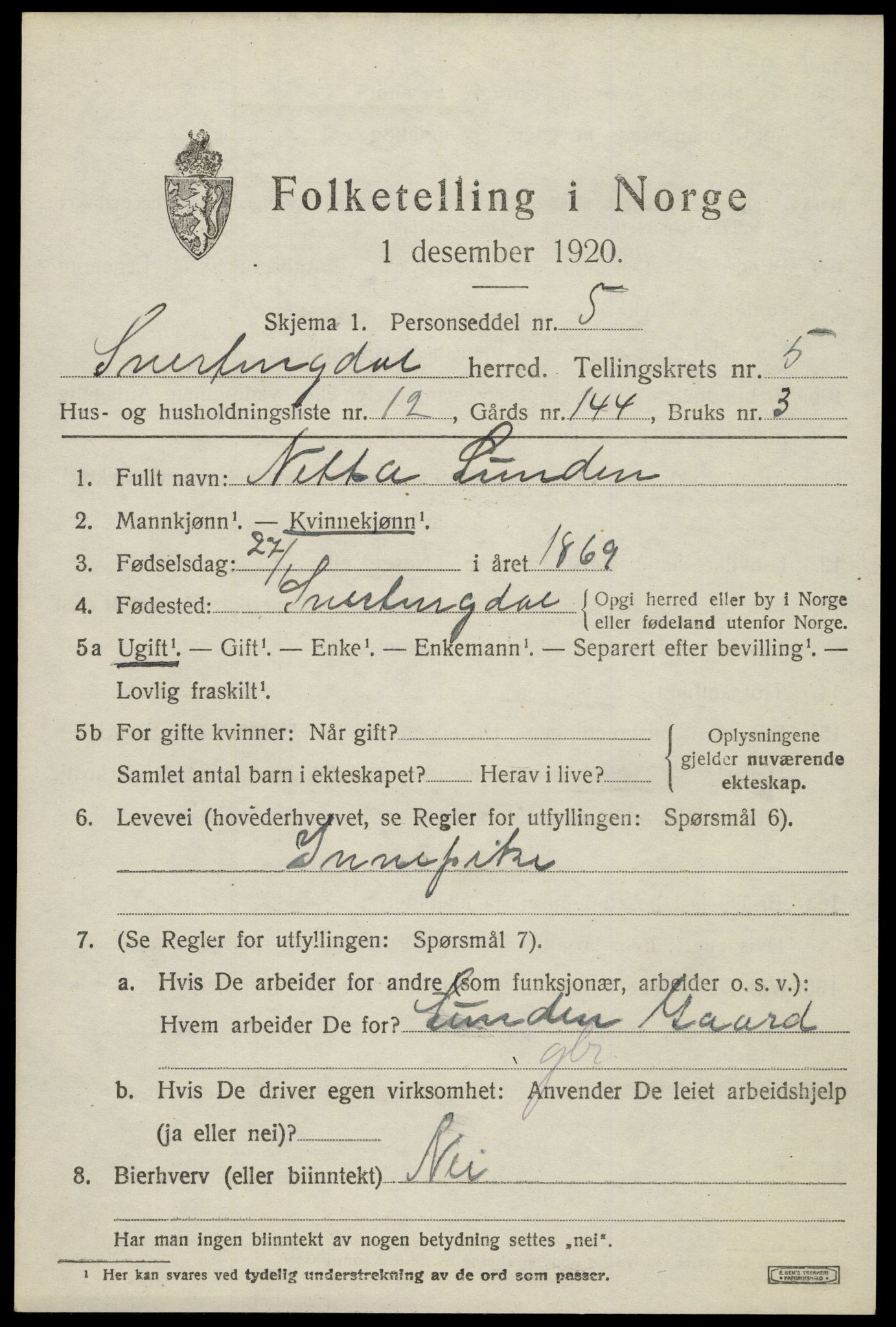 SAH, 1920 census for Snertingdal, 1920, p. 4463