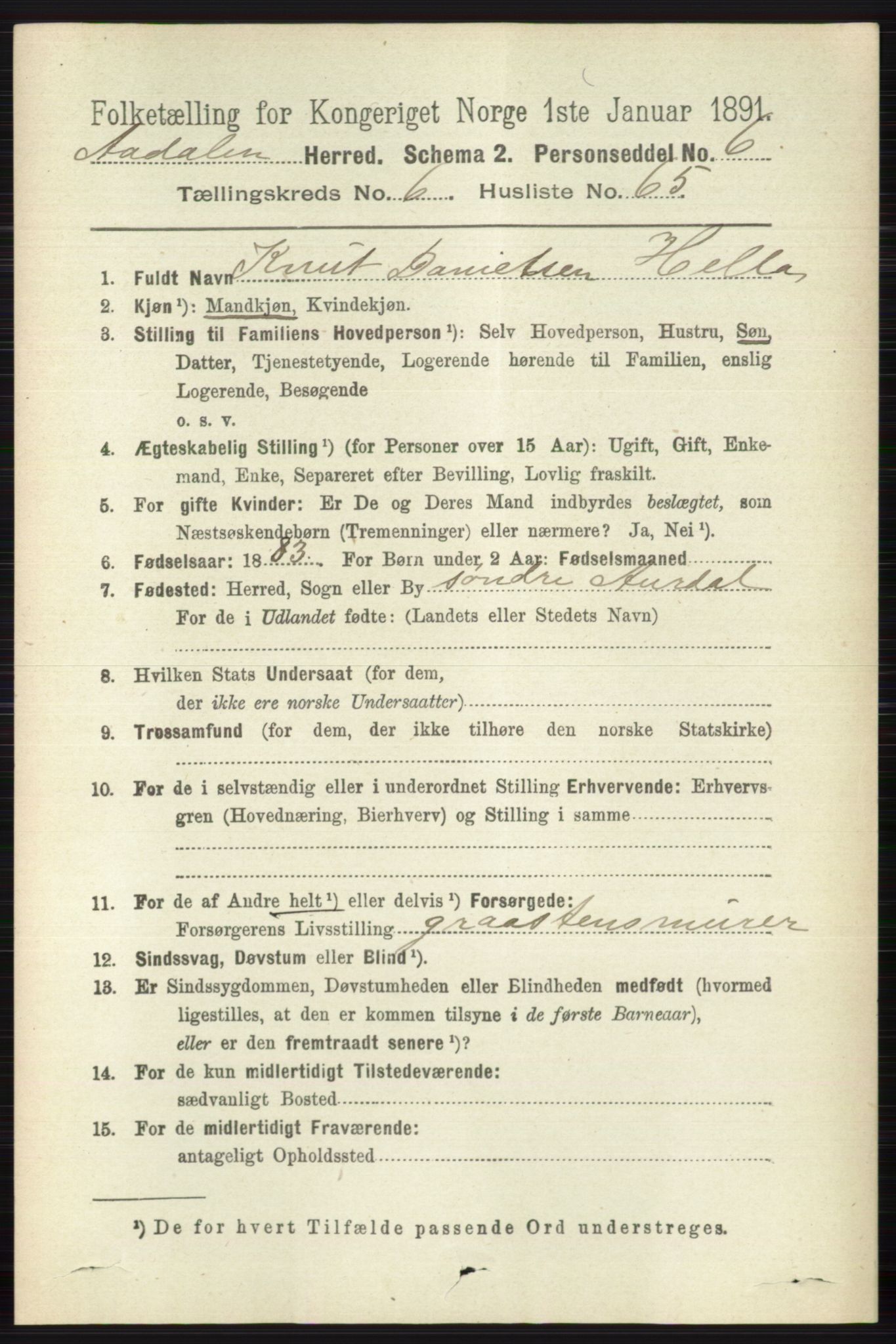 RA, 1891 census for 0614 Ådal, 1891, p. 3005