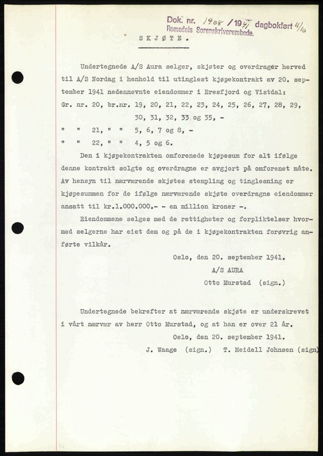 Romsdal sorenskriveri, AV/SAT-A-4149/1/2/2C: Mortgage book no. A11, 1941-1942, Diary no: : 1908/1941