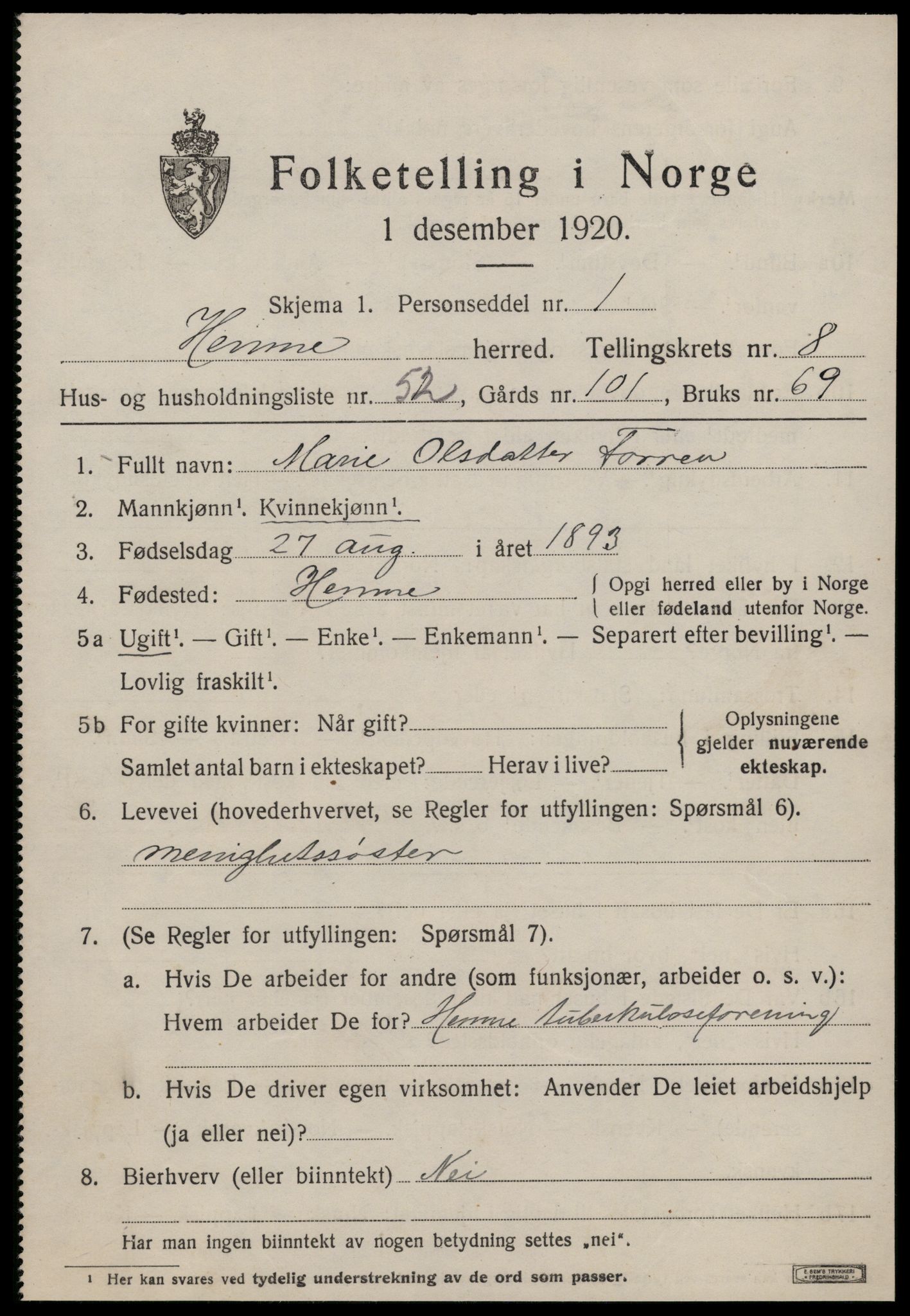 SAT, 1920 census for Hemne, 1920, p. 5400