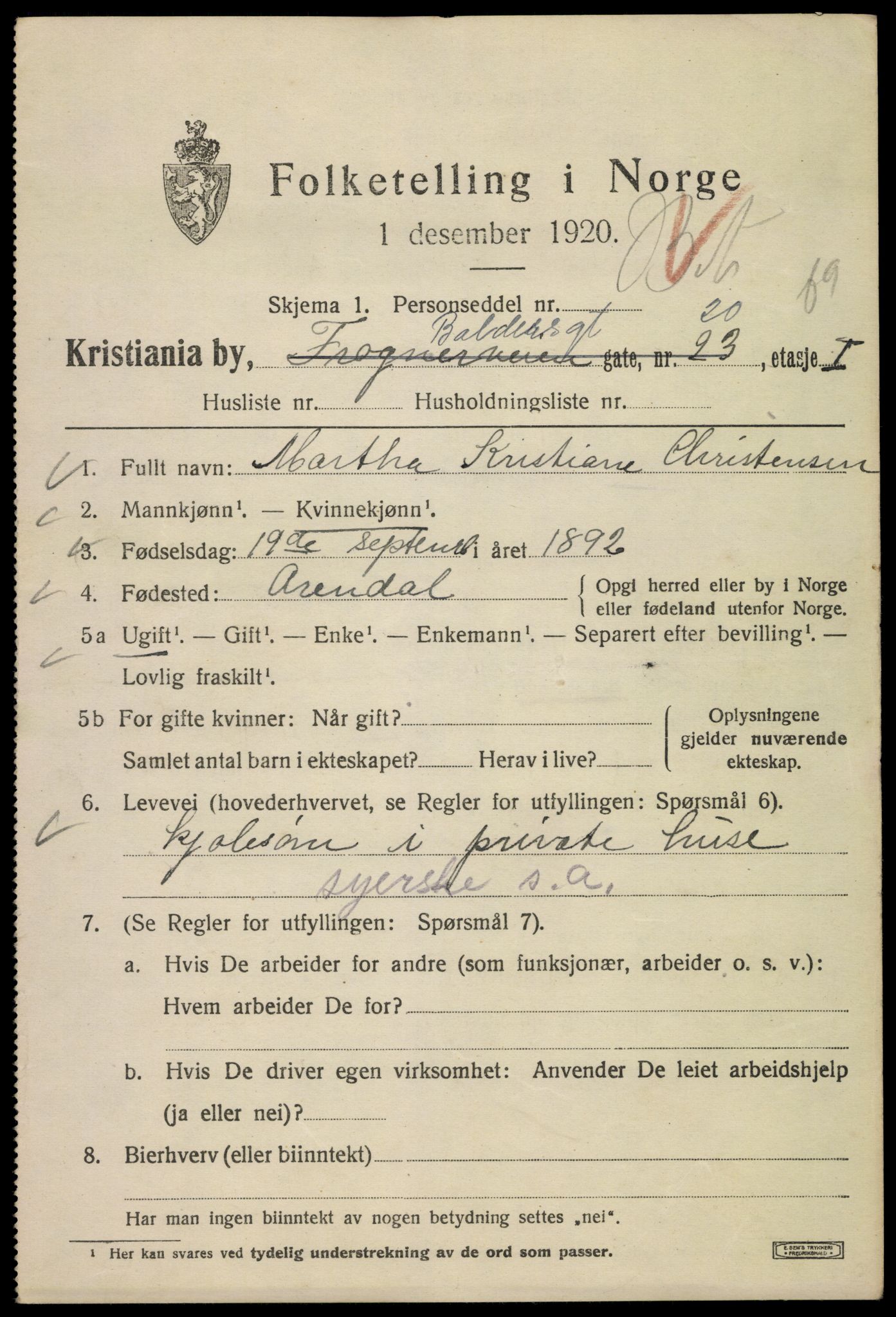 SAO, 1920 census for Kristiania, 1920, p. 150123