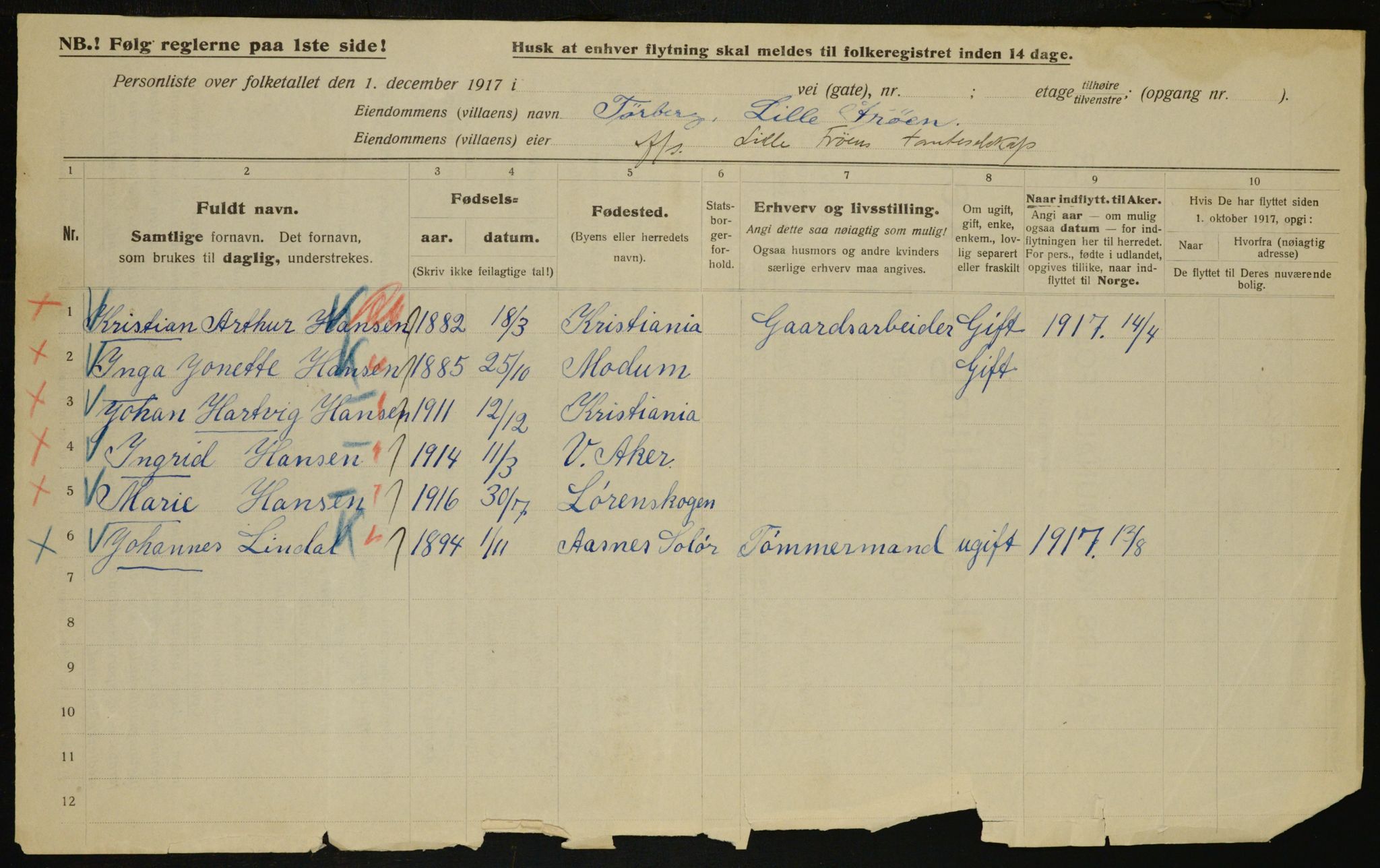 OBA, Municipal Census 1917 for Aker, 1917, p. 9574