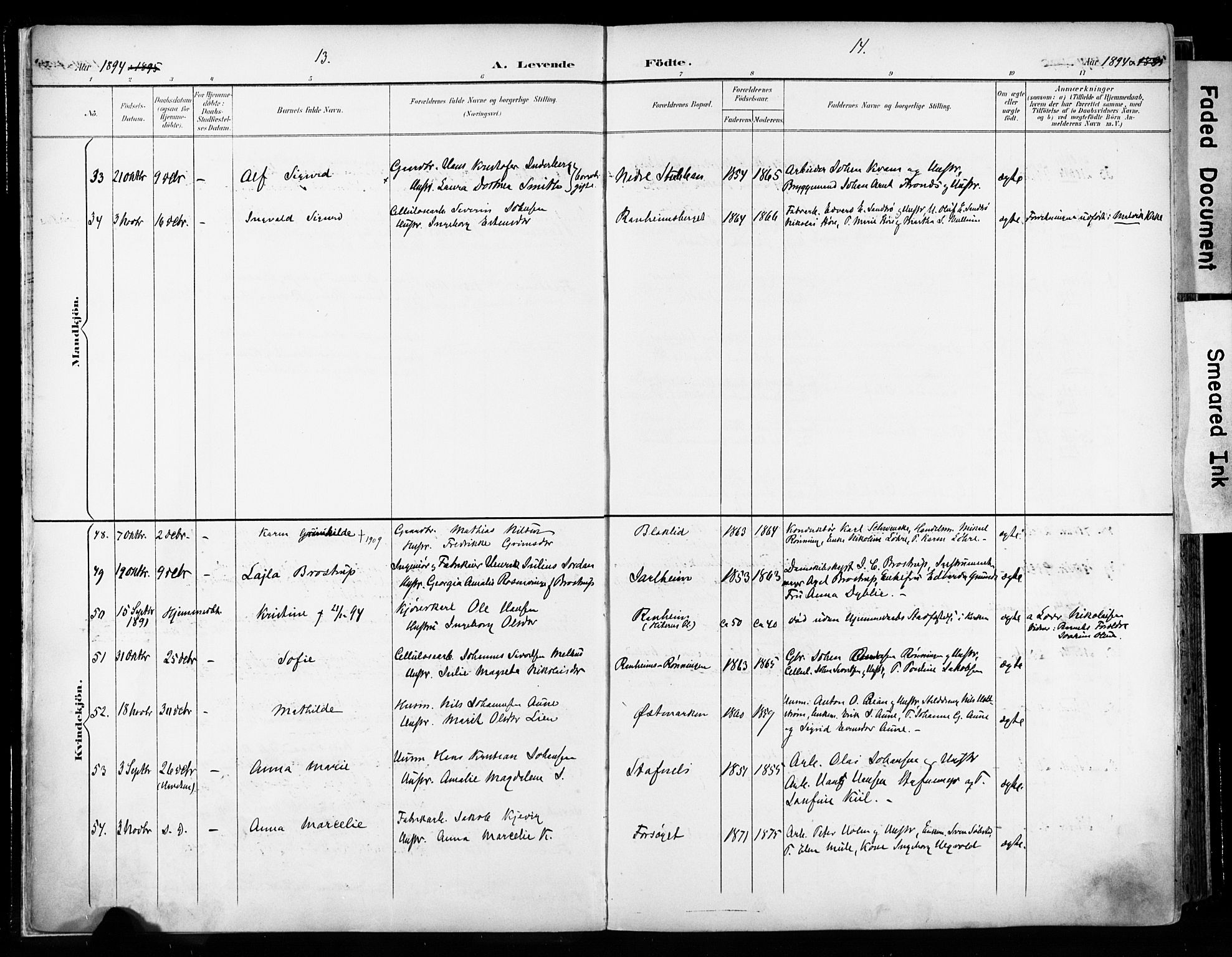 Ministerialprotokoller, klokkerbøker og fødselsregistre - Sør-Trøndelag, SAT/A-1456/606/L0301: Parish register (official) no. 606A16, 1894-1907, p. 13-14