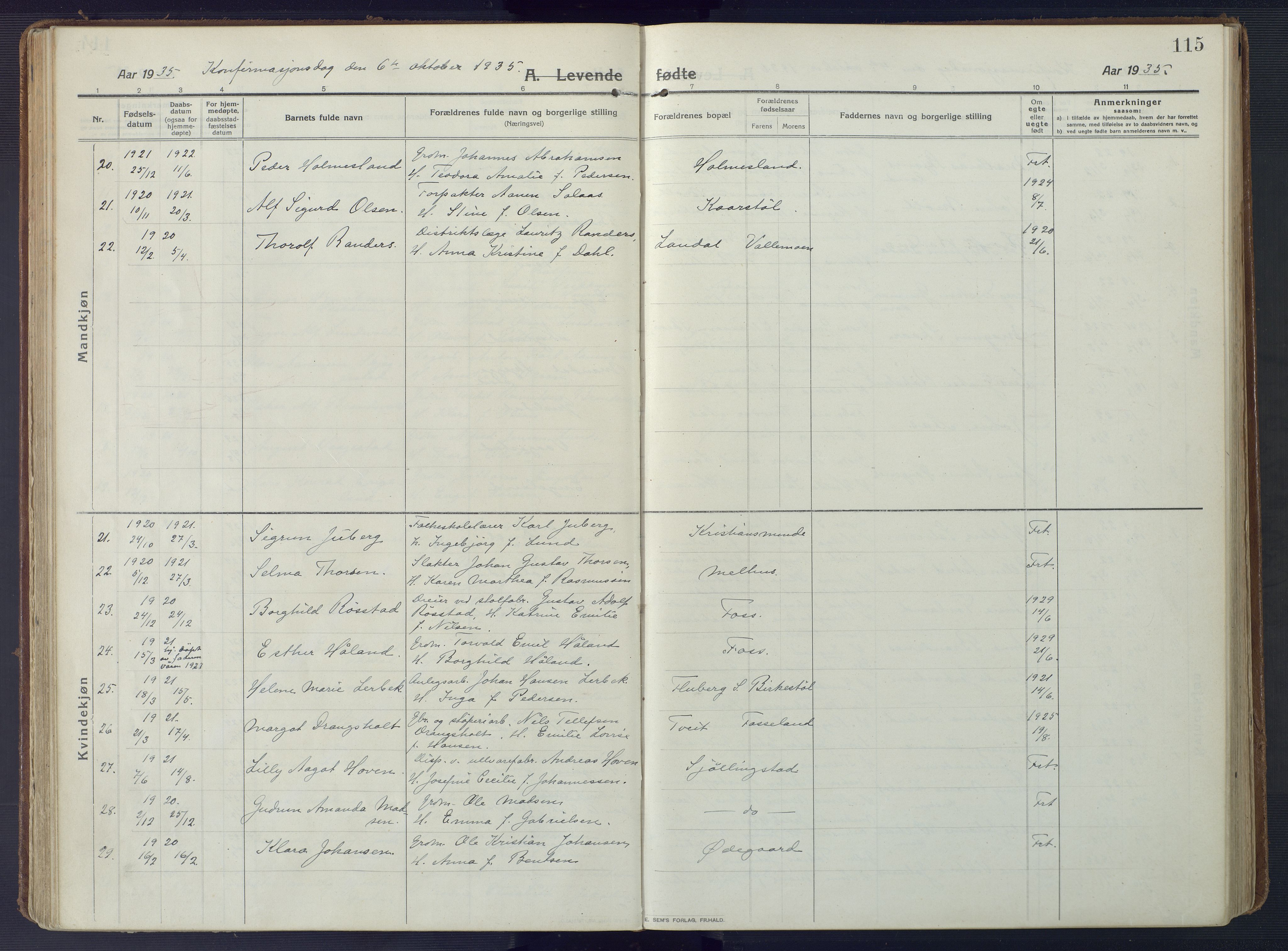 Sør-Audnedal sokneprestkontor, AV/SAK-1111-0039/F/Fa/Fab/L0011: Parish register (official) no. A 11, 1912-1938, p. 115