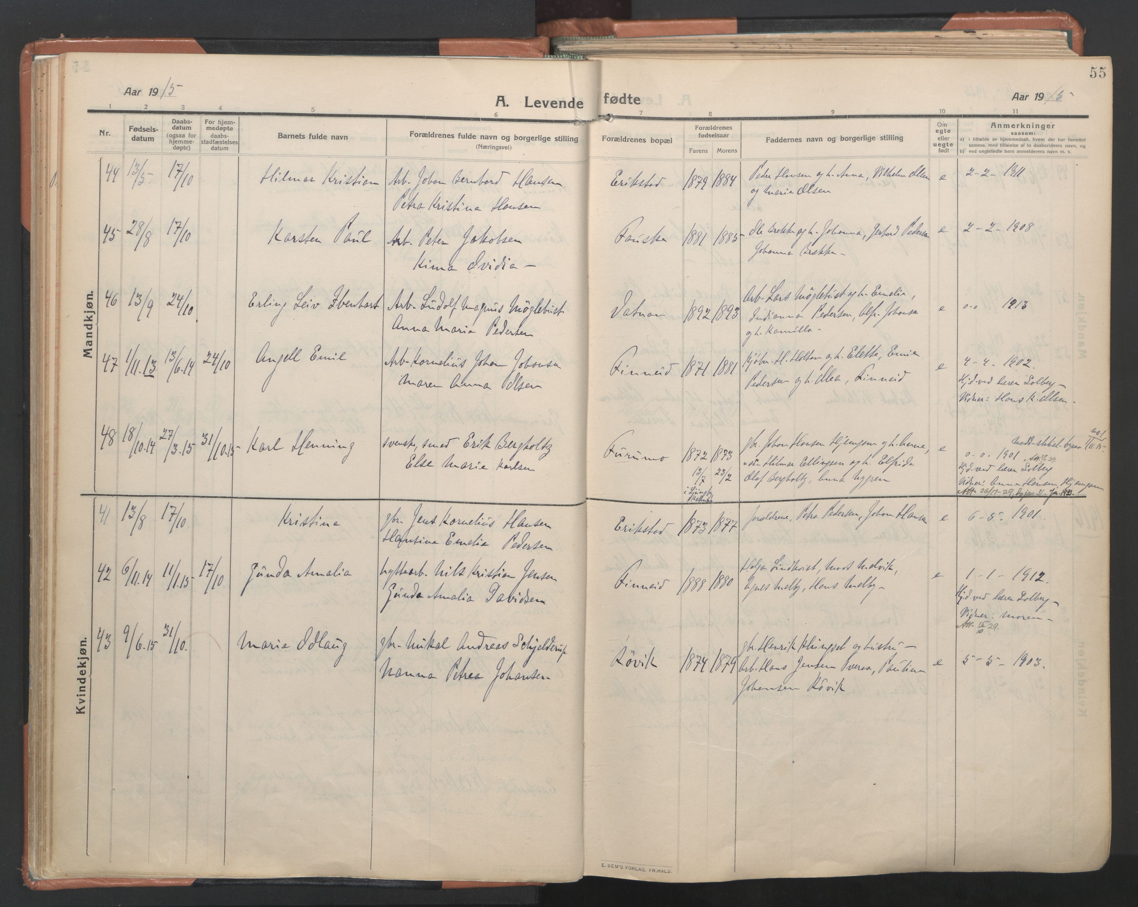 Ministerialprotokoller, klokkerbøker og fødselsregistre - Nordland, AV/SAT-A-1459/849/L0698: Parish register (official) no. 849A09, 1911-1924, p. 55