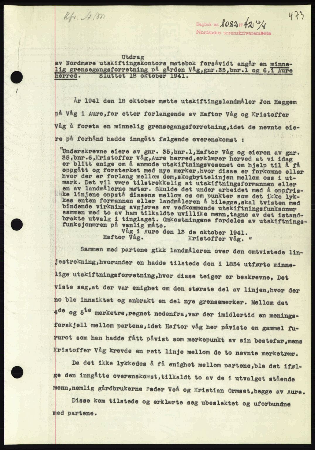 Nordmøre sorenskriveri, AV/SAT-A-4132/1/2/2Ca: Mortgage book no. A92, 1942-1942, Diary no: : 1082/1942