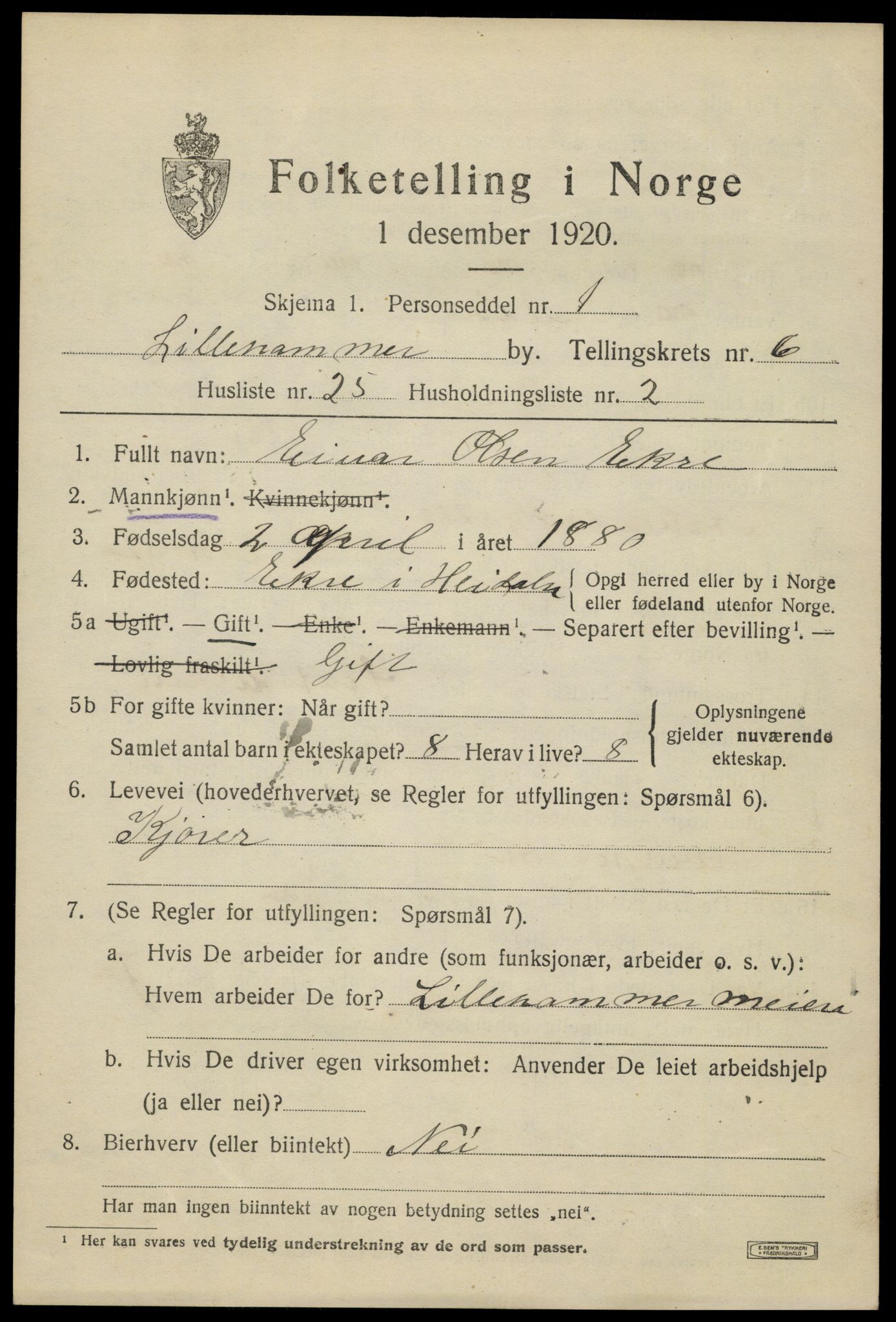 SAH, 1920 census for Lillehammer, 1920, p. 8606