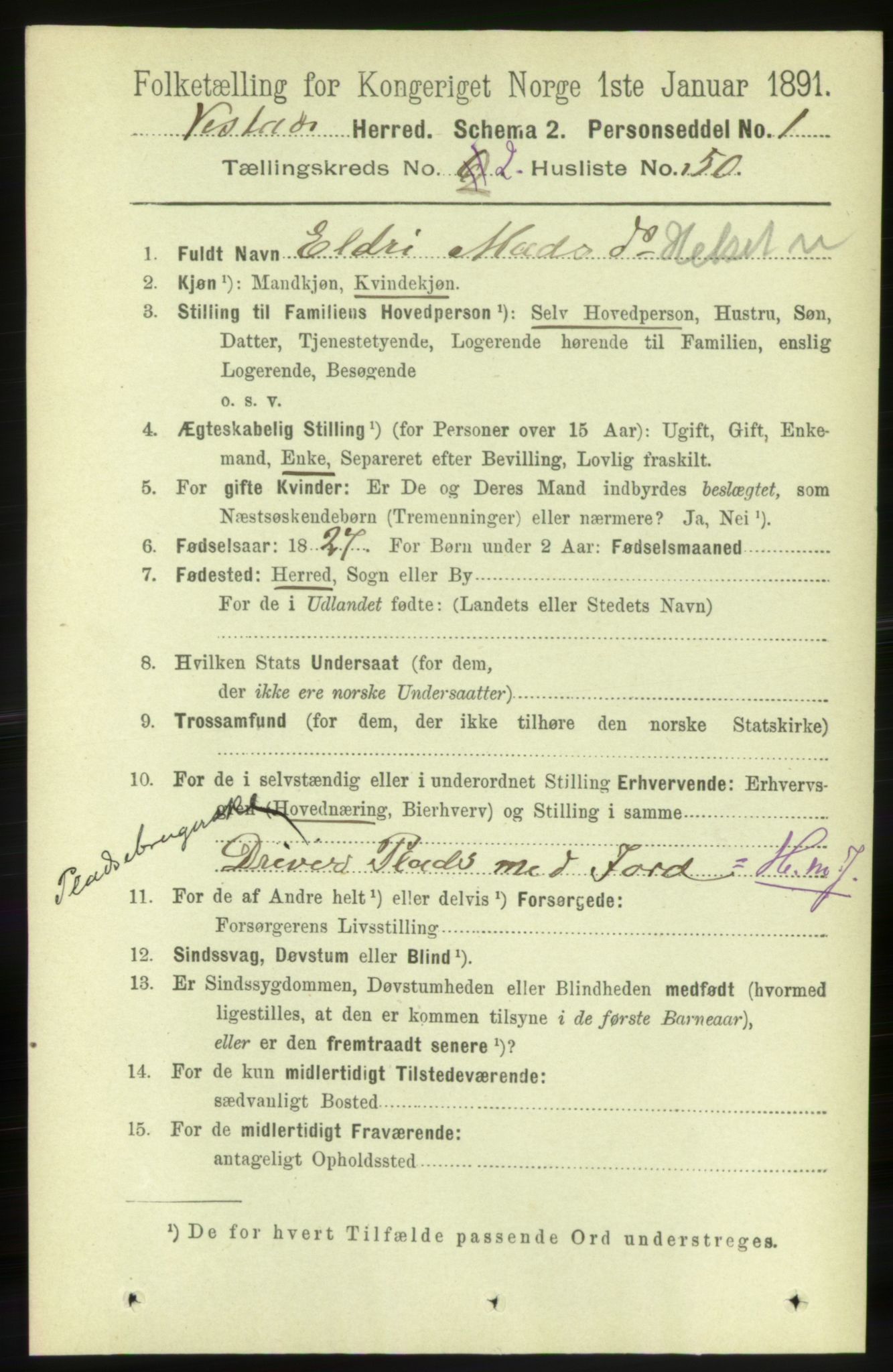 RA, 1891 census for 1535 Vestnes, 1891, p. 439