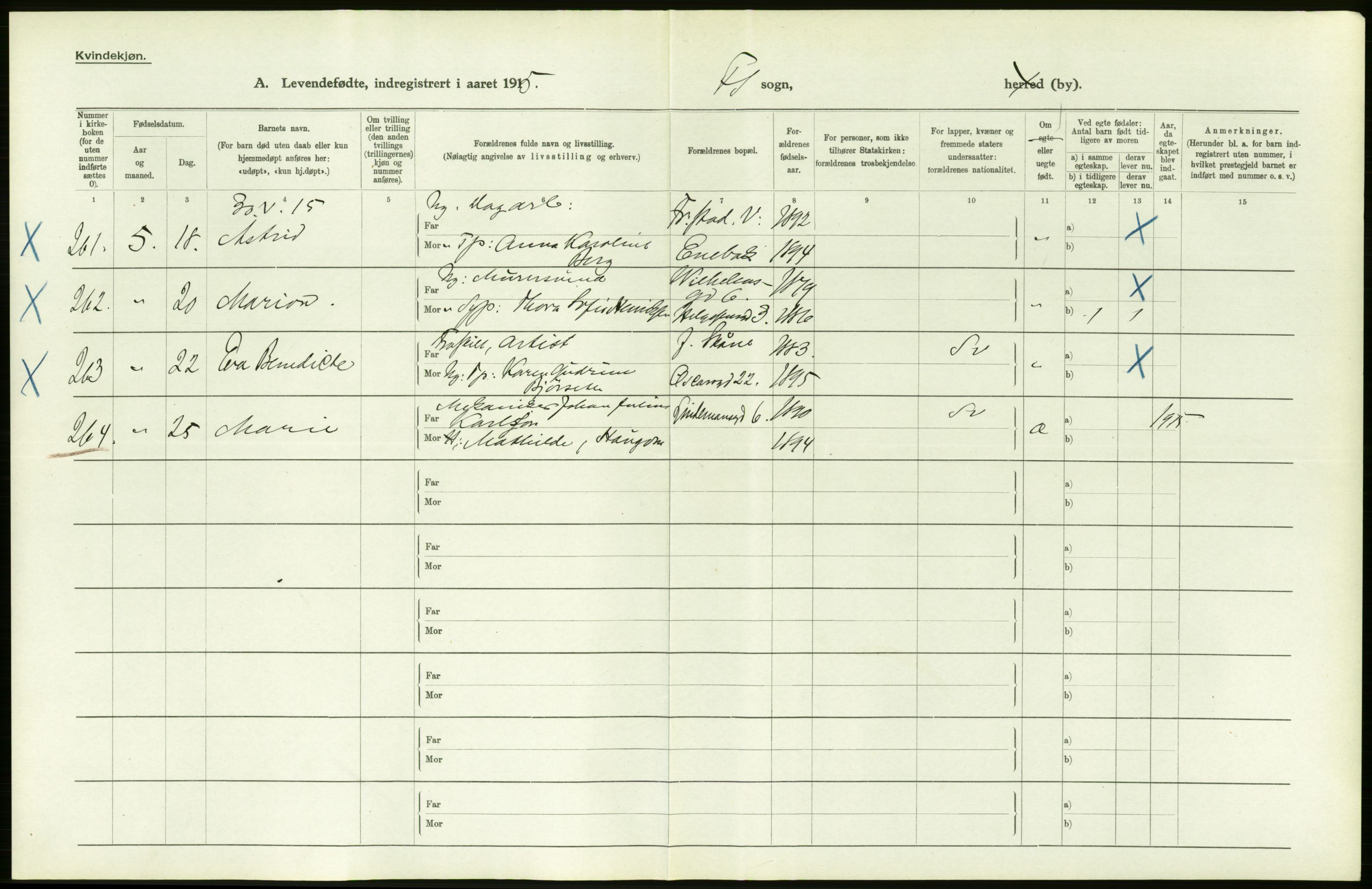 Statistisk sentralbyrå, Sosiodemografiske emner, Befolkning, AV/RA-S-2228/D/Df/Dfb/Dfbe/L0007: Kristiania: Levendefødte menn og kvinner., 1915, p. 86