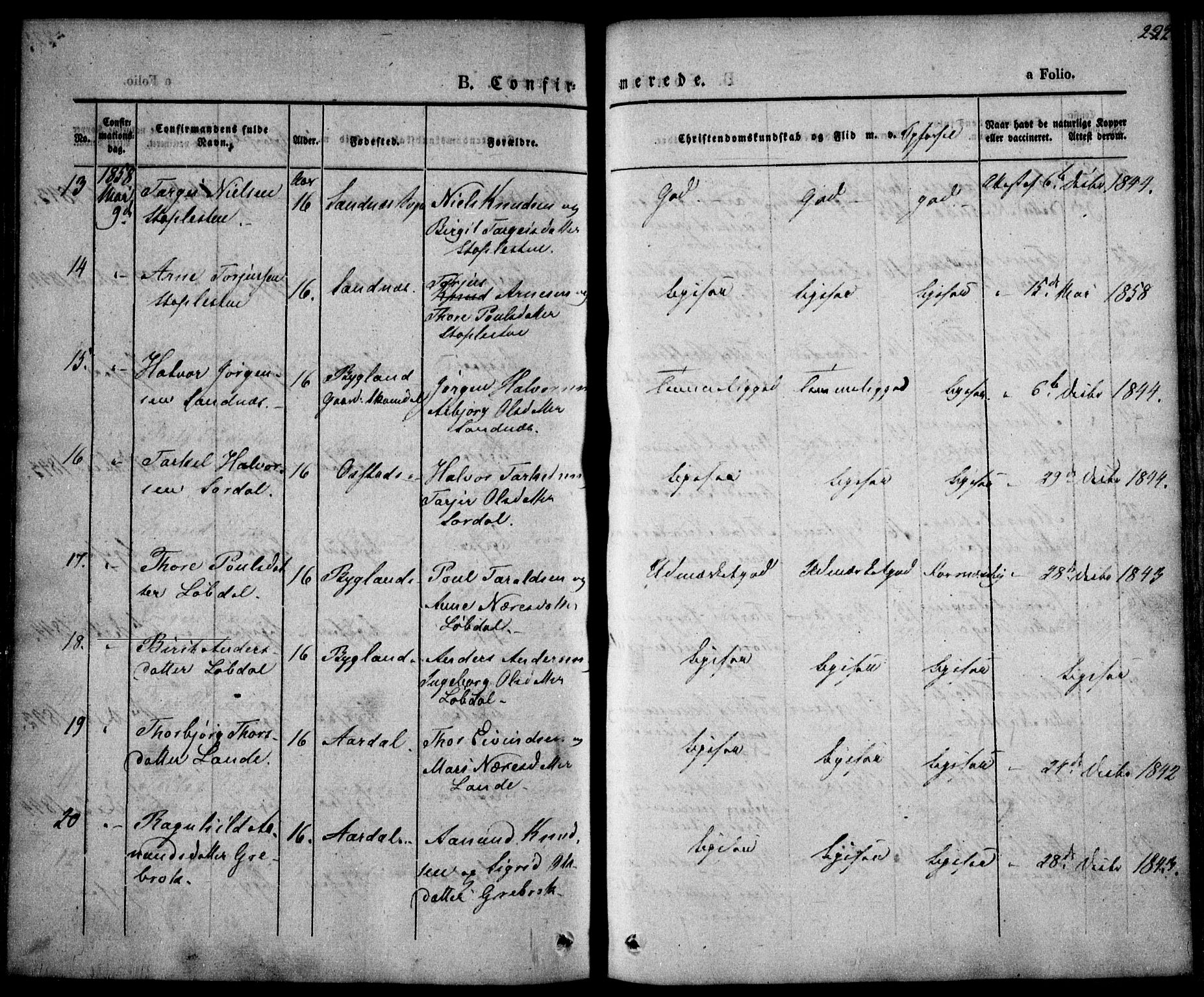 Bygland sokneprestkontor, AV/SAK-1111-0006/F/Fa/Fab/L0004: Parish register (official) no. A 4, 1842-1858, p. 222