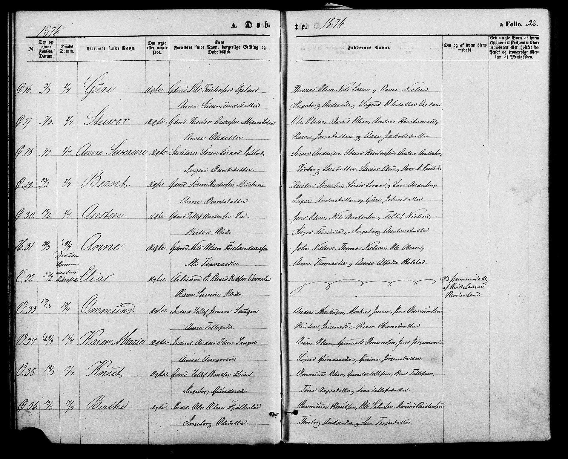 Vennesla sokneprestkontor, AV/SAK-1111-0045/Fa/Fac/L0008: Parish register (official) no. A 8, 1874-1883, p. 22