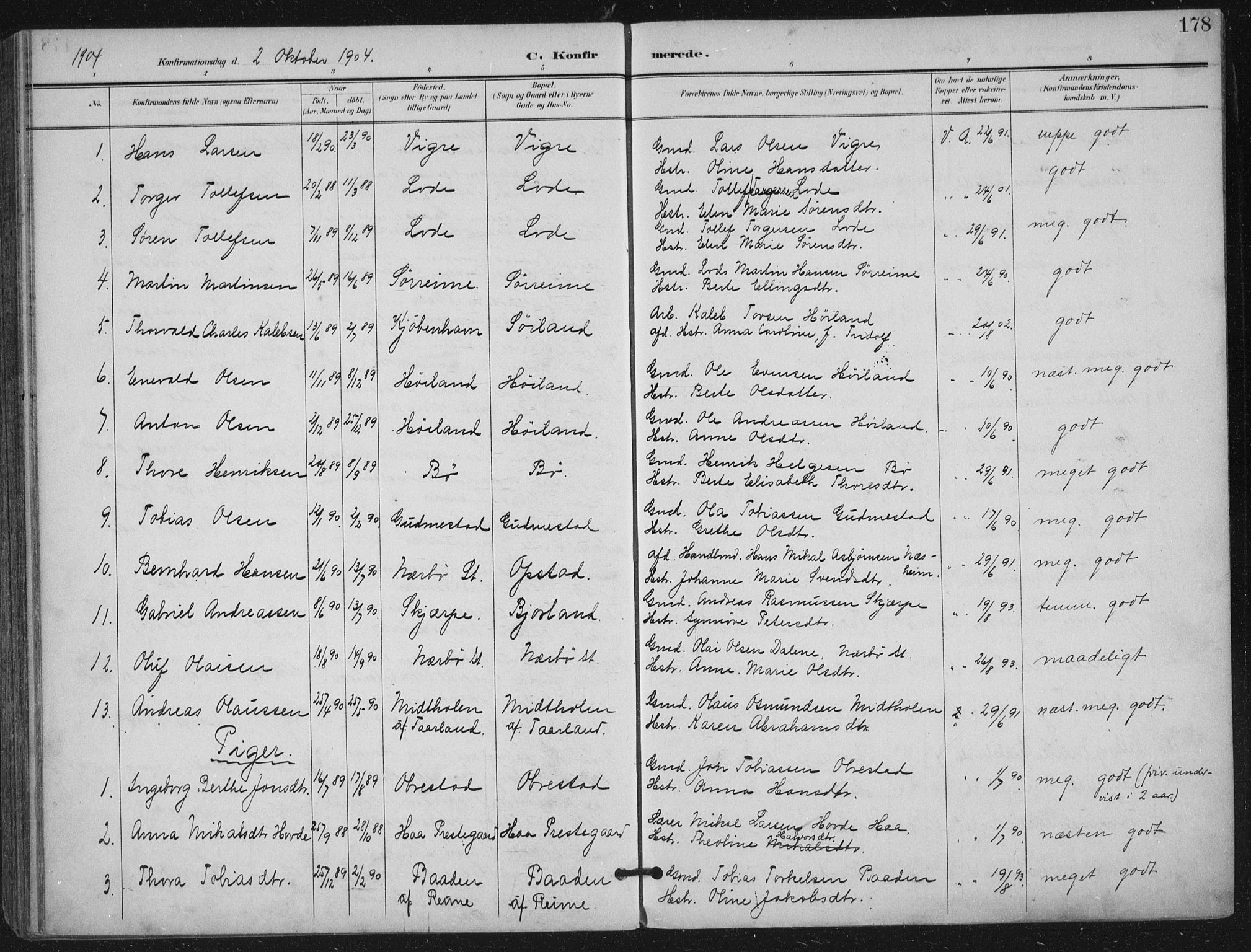 Hå sokneprestkontor, AV/SAST-A-101801/001/30BA/L0012: Parish register (official) no. A 11, 1897-1924, p. 178