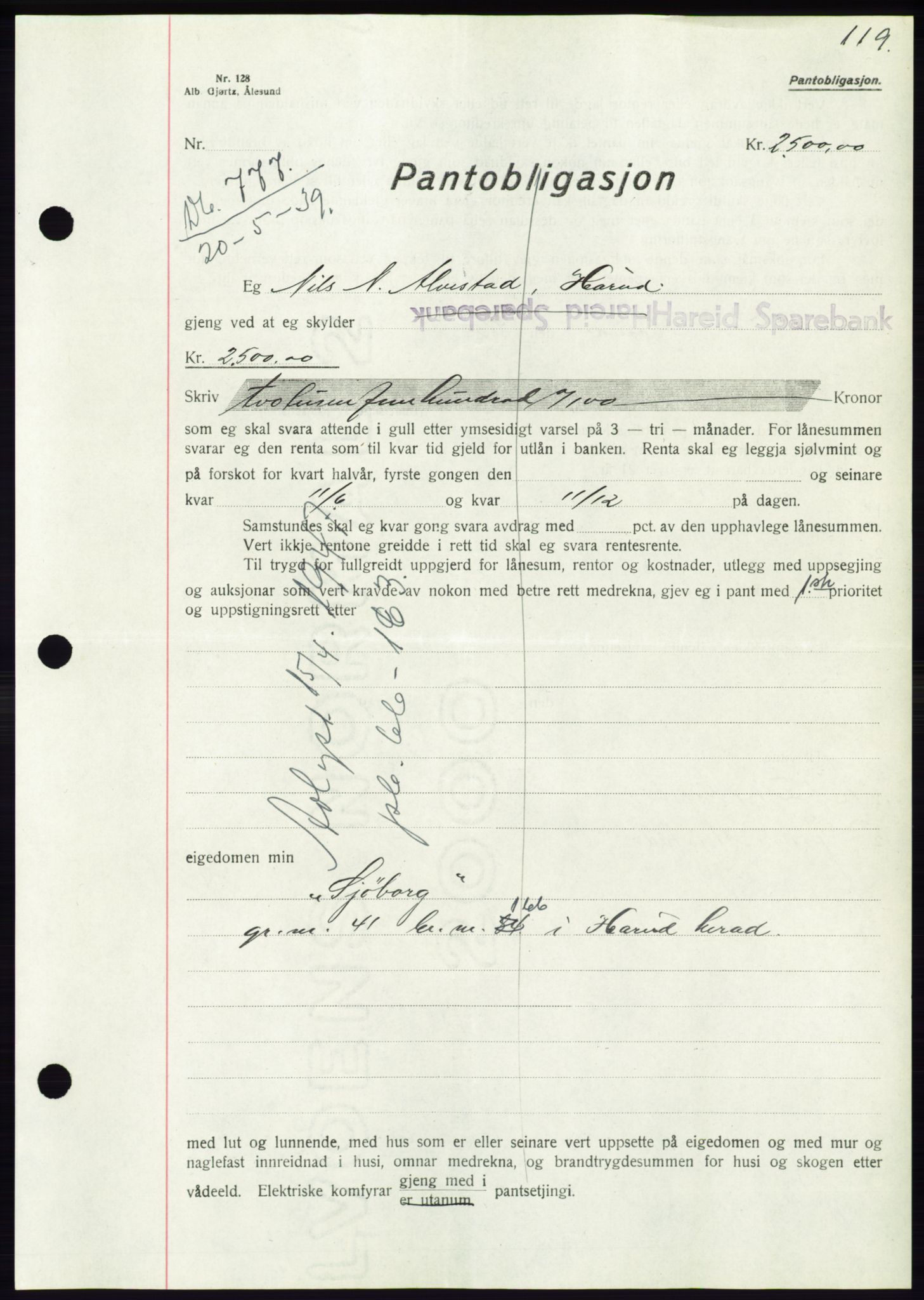 Søre Sunnmøre sorenskriveri, AV/SAT-A-4122/1/2/2C/L0068: Mortgage book no. 62, 1939-1939, Diary no: : 777/1939